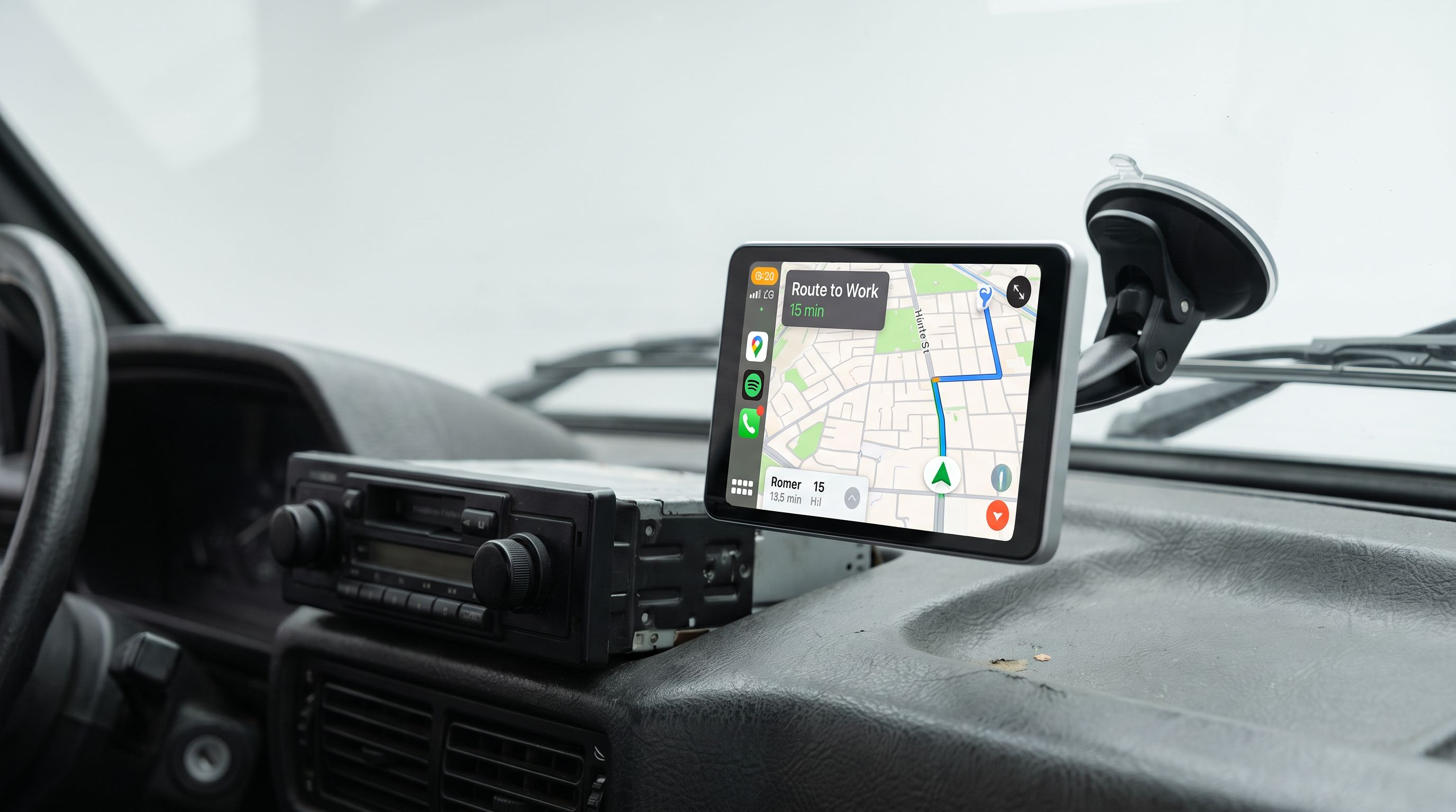 A portable wireless CarPlay touchscreen mounted on the dashboard of an older car, showing a navigation map, next to the car's original stereo