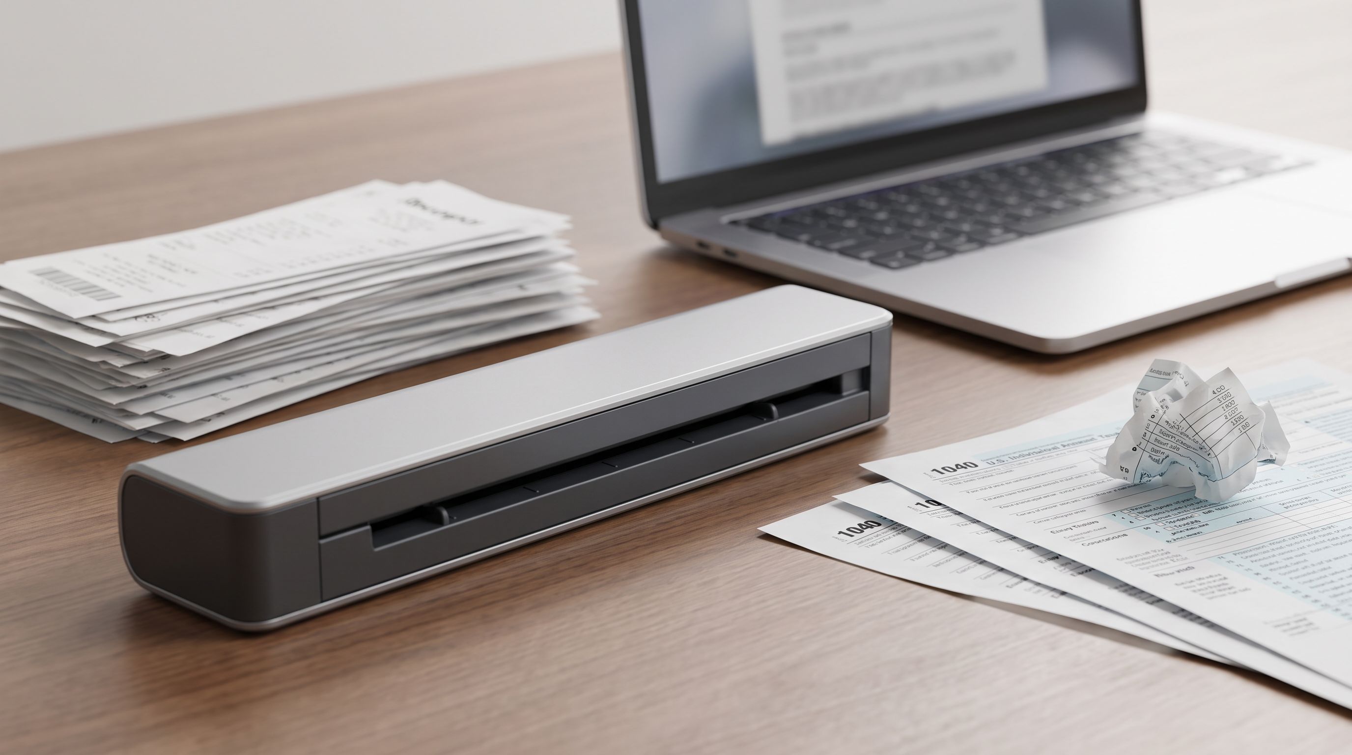 A compact portable sheetfed document scanner on a home office desk beside a stack of receipts, tax forms and a laptop