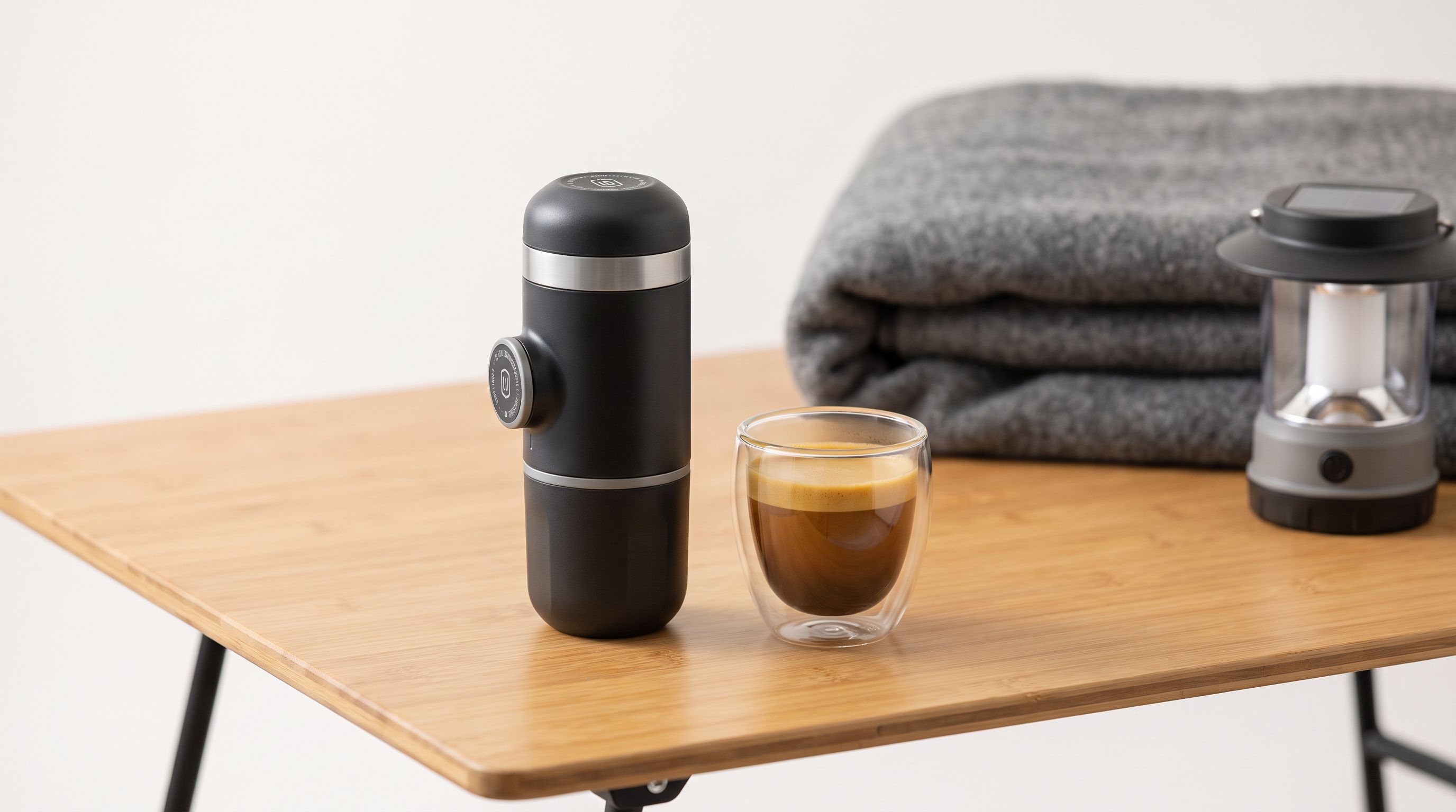 A compact hand-pump portable espresso maker beside a small cup of espresso with crema on a camping table
