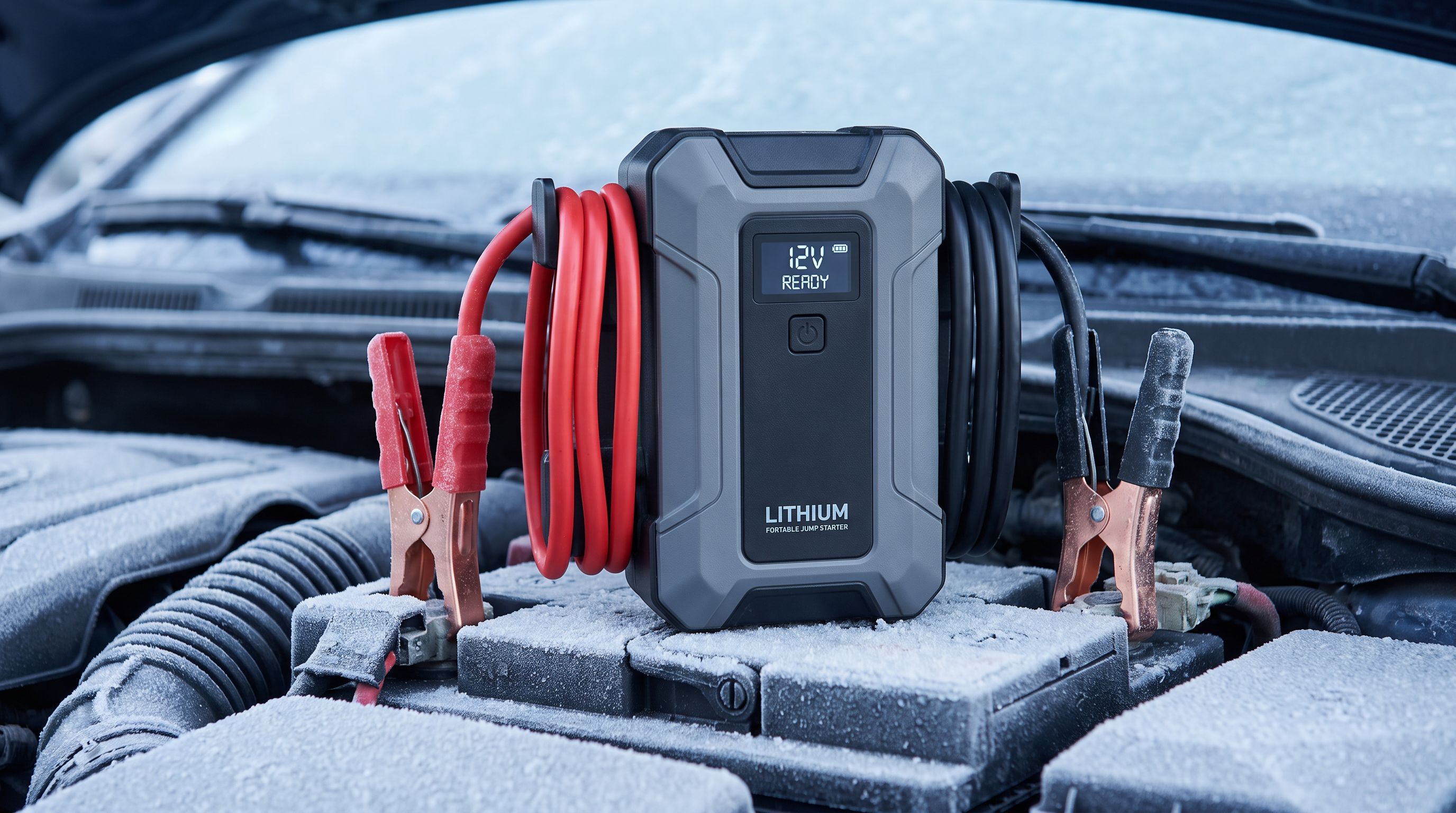 A compact lithium portable jump starter with red and black clamps connected to a car battery on a frosty winter morning