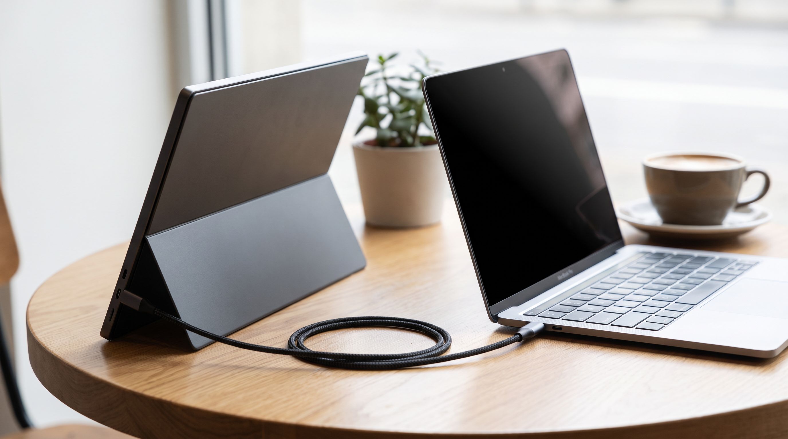 A slim USB-C portable monitor propped beside an open MacBook Pro on a café table, connected by a single cable