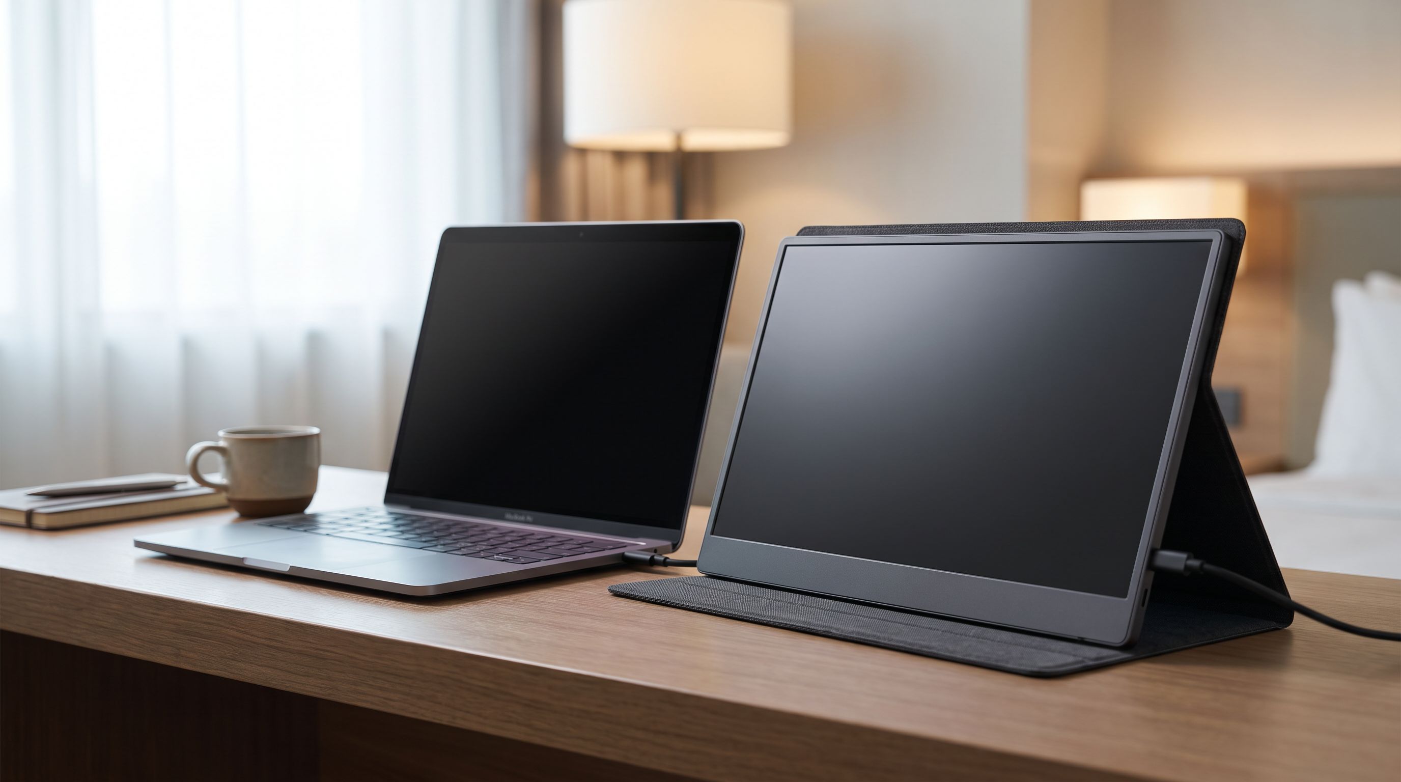 A slim 15.6-inch USB-C portable monitor propped on a folding cover beside a laptop on a hotel desk, with a single USB-C cable connecting the two
