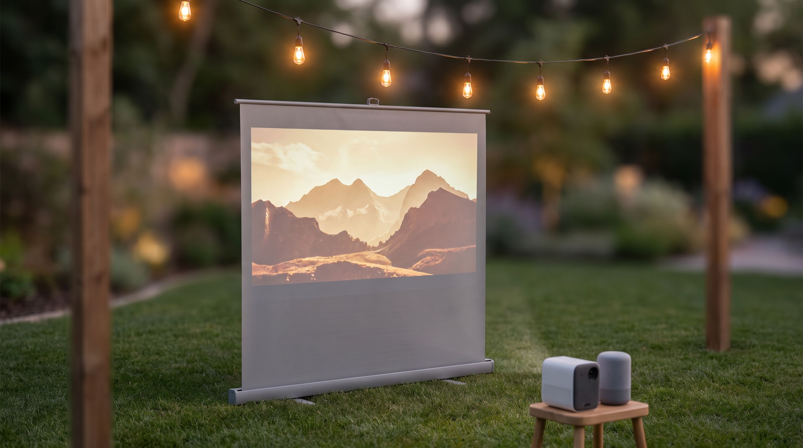 A portable projector screen set up on a backyard lawn at dusk with a movie playing and string lights overhead