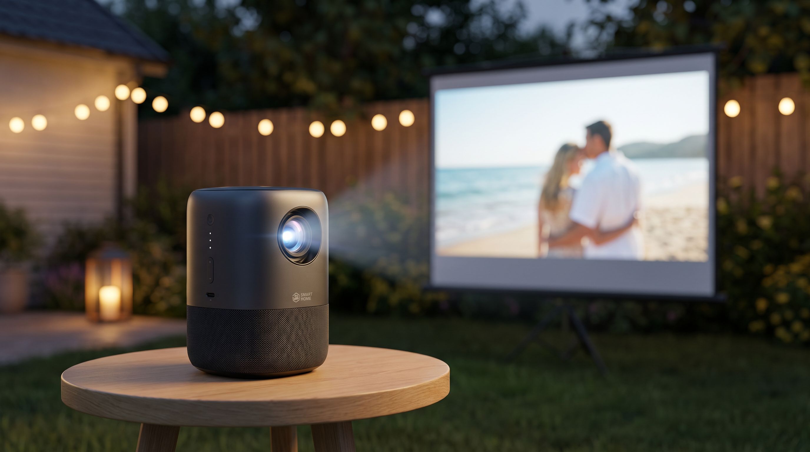 A compact cylindrical portable projector on a small table in a backyard, casting a bright movie image onto a white screen at dusk