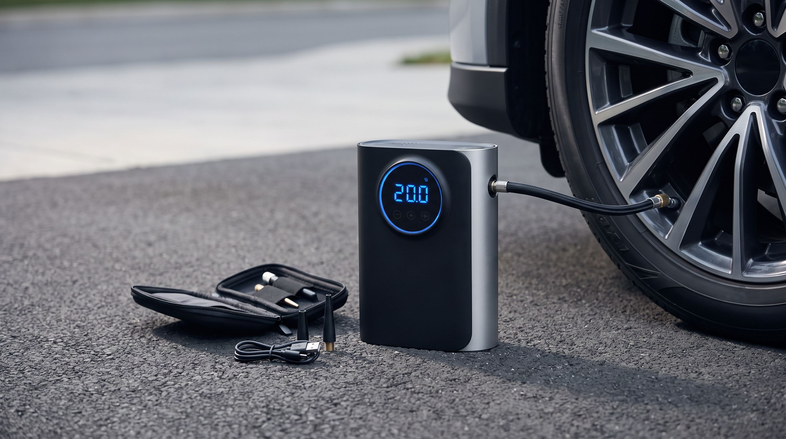 A cordless digital tire inflator with an illuminated pressure display attached to a car tire valve on a driveway