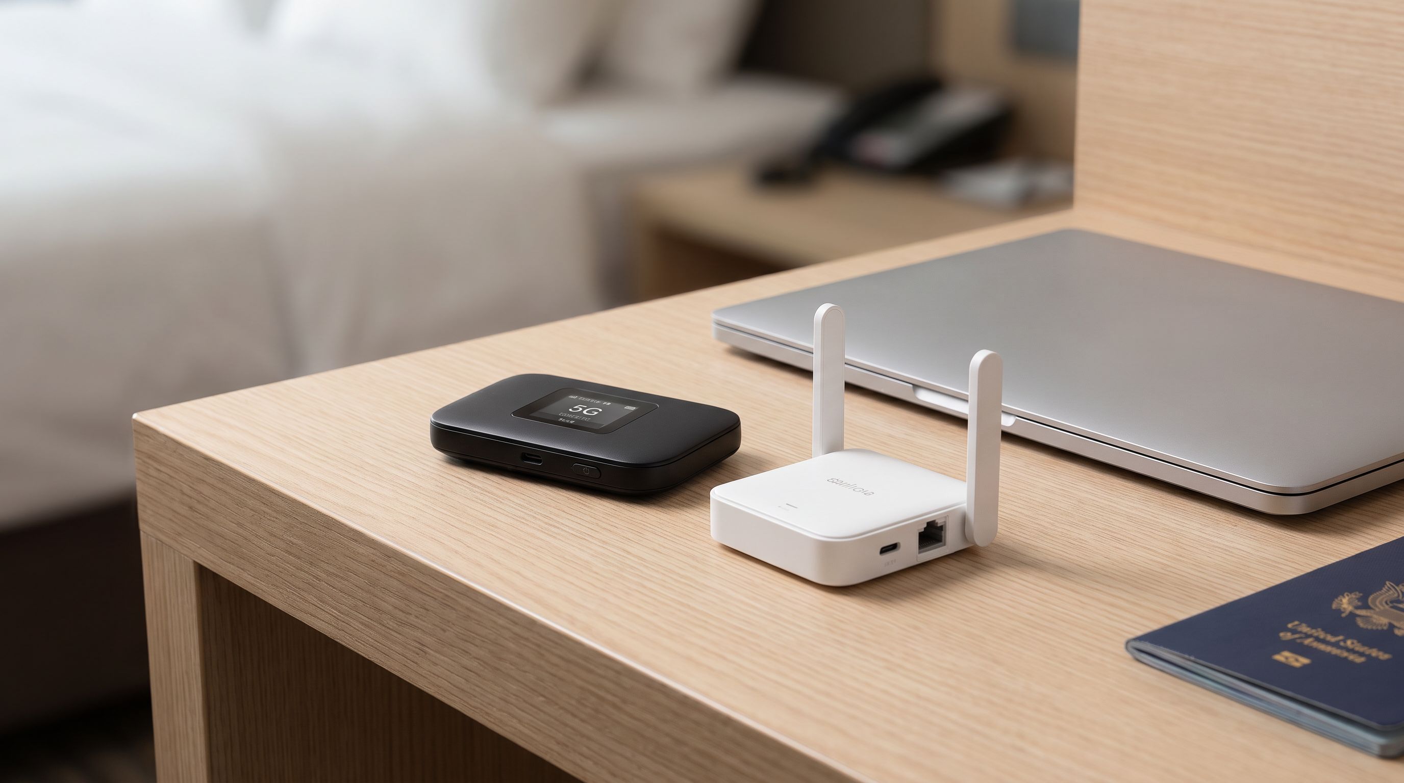 A pocket-sized 5G mobile hotspot and a compact travel router sitting on a hotel desk next to a laptop and passport