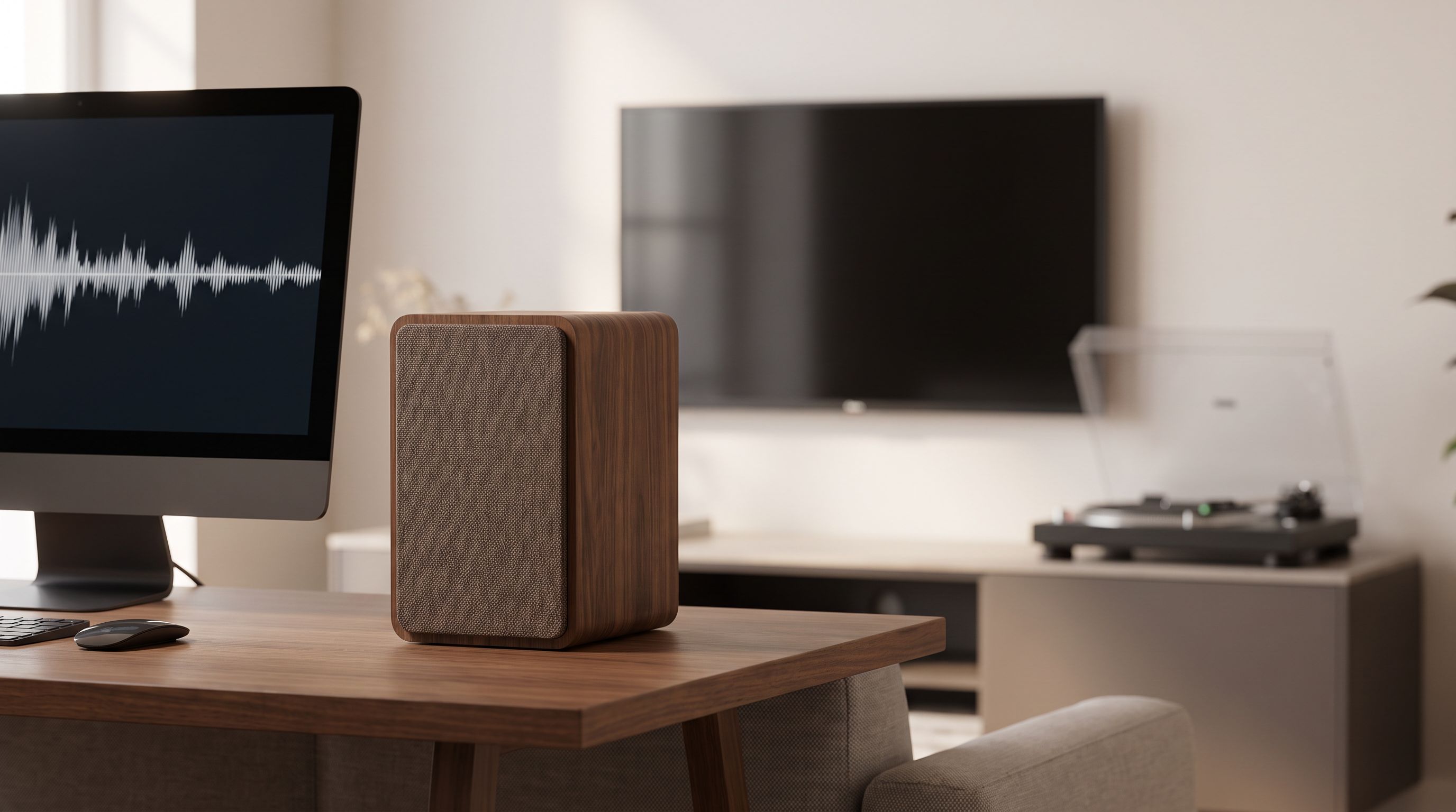 A pair of compact wooden-finish powered bookshelf speakers on a desk beside a monitor, with a TV and turntable in the background