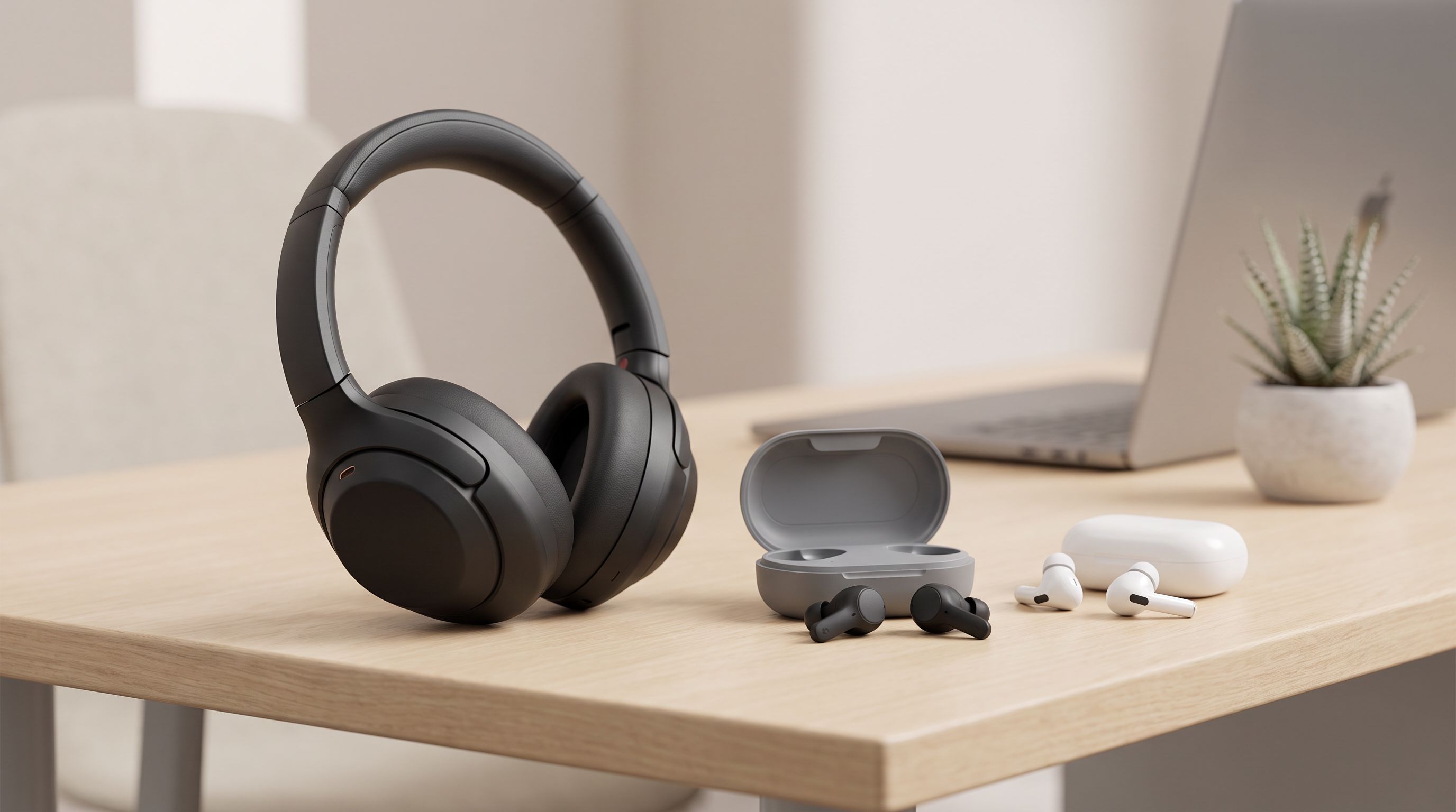 Over-ear noise cancelling headphones and two pairs of wireless earbuds in charging cases arranged on a desk