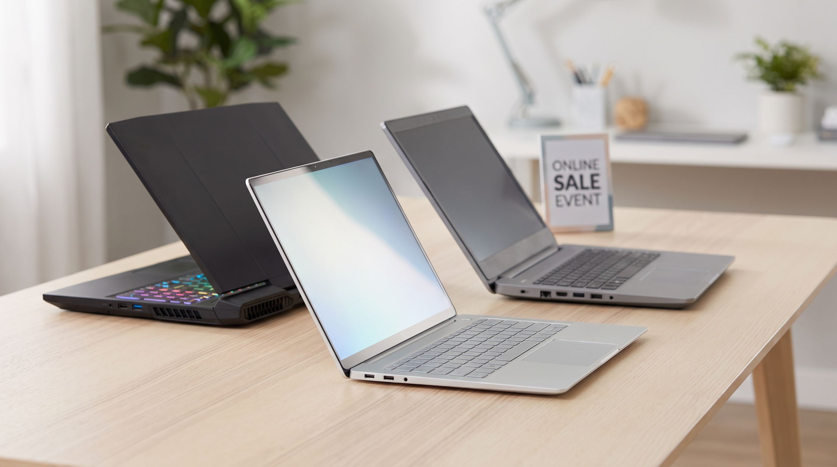 Three laptops — a thin ultraportable, a 15-inch everyday notebook and a gaming laptop — arranged on a desk during an online sale event
