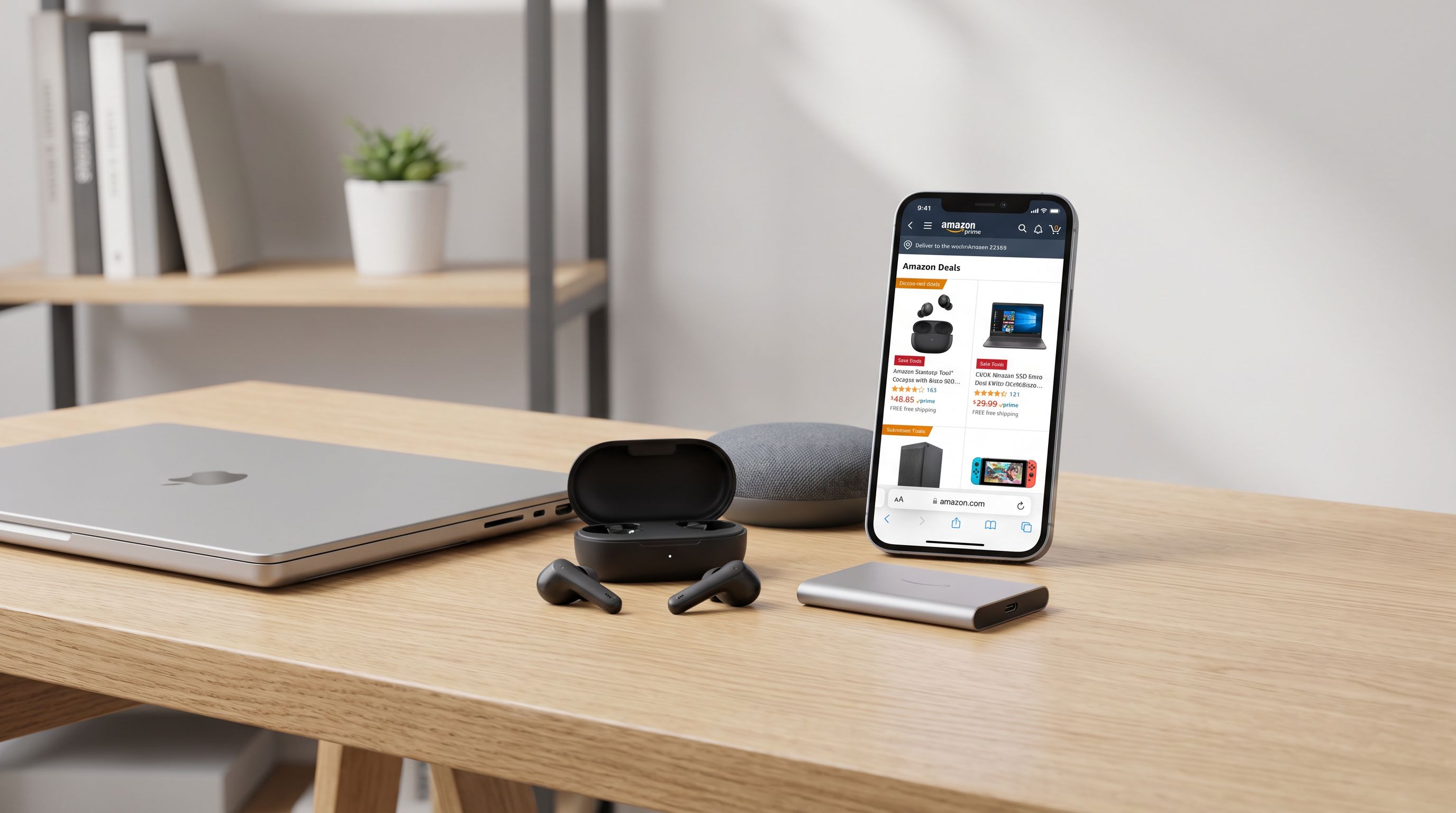 A laptop, wireless earbuds, a smart speaker and a portable SSD arranged on a desk beside a phone showing an Amazon deals page