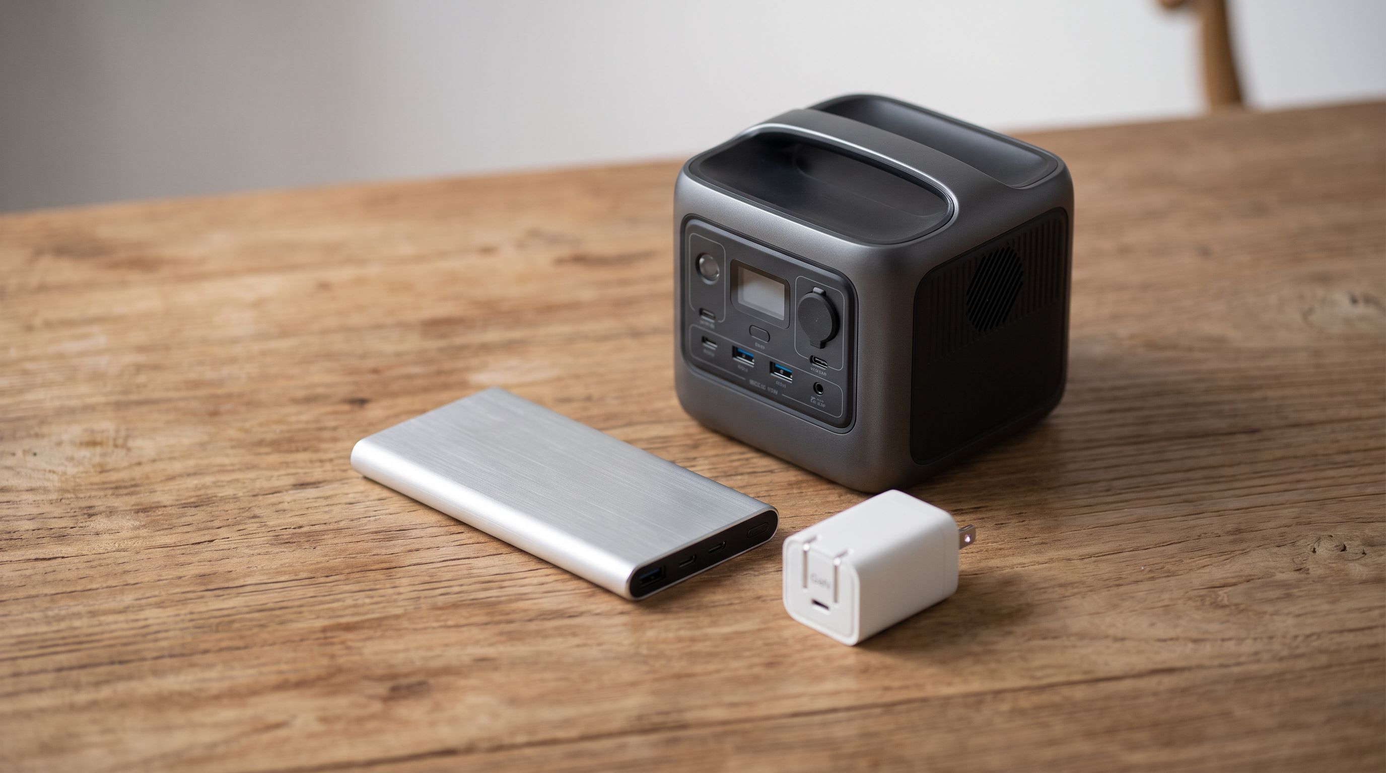 A portable power station, a USB-C power bank and a compact GaN wall charger arranged on a wooden table