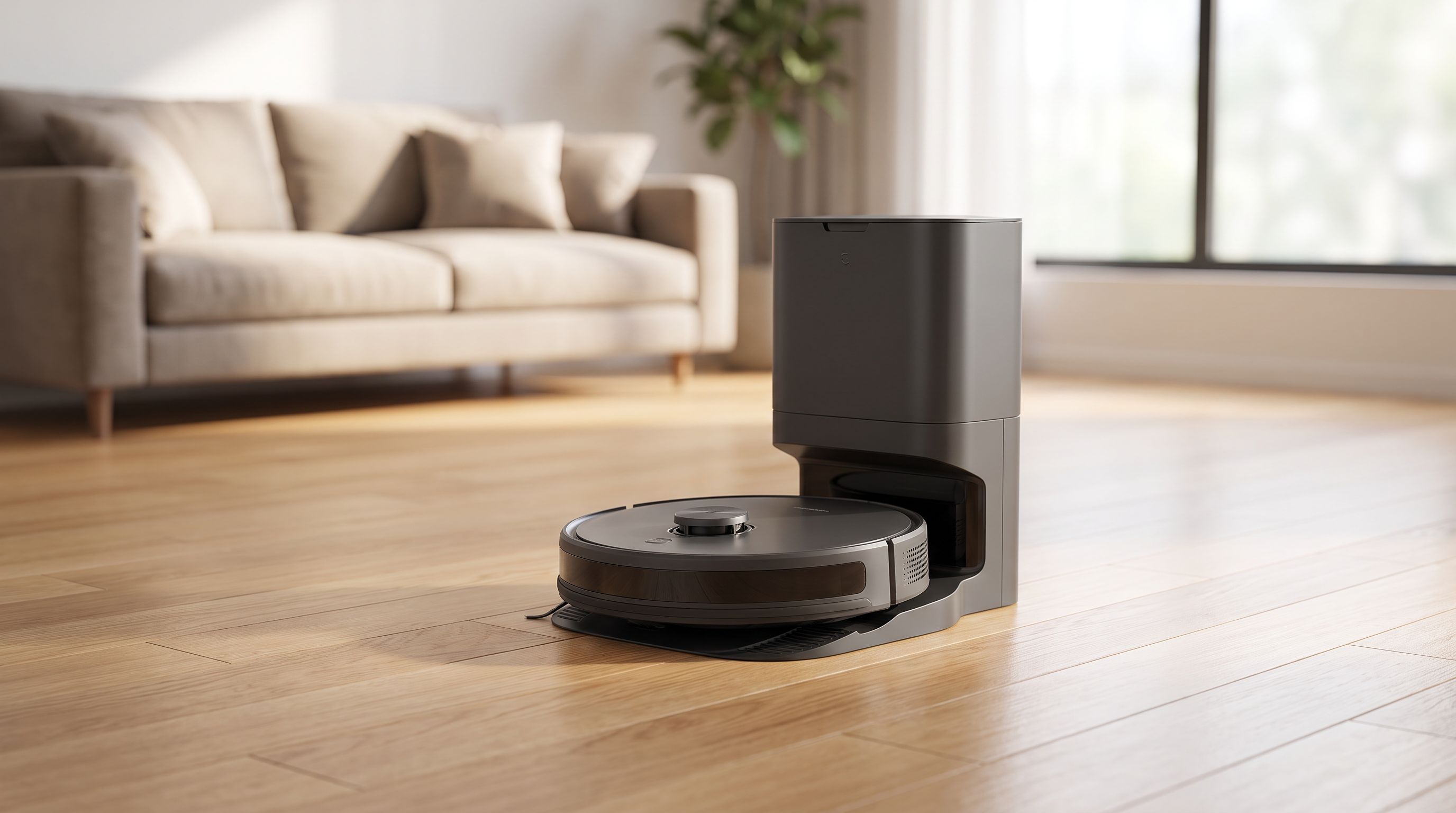 A self-emptying robot vacuum docked at its base station on hardwood flooring in a bright living room