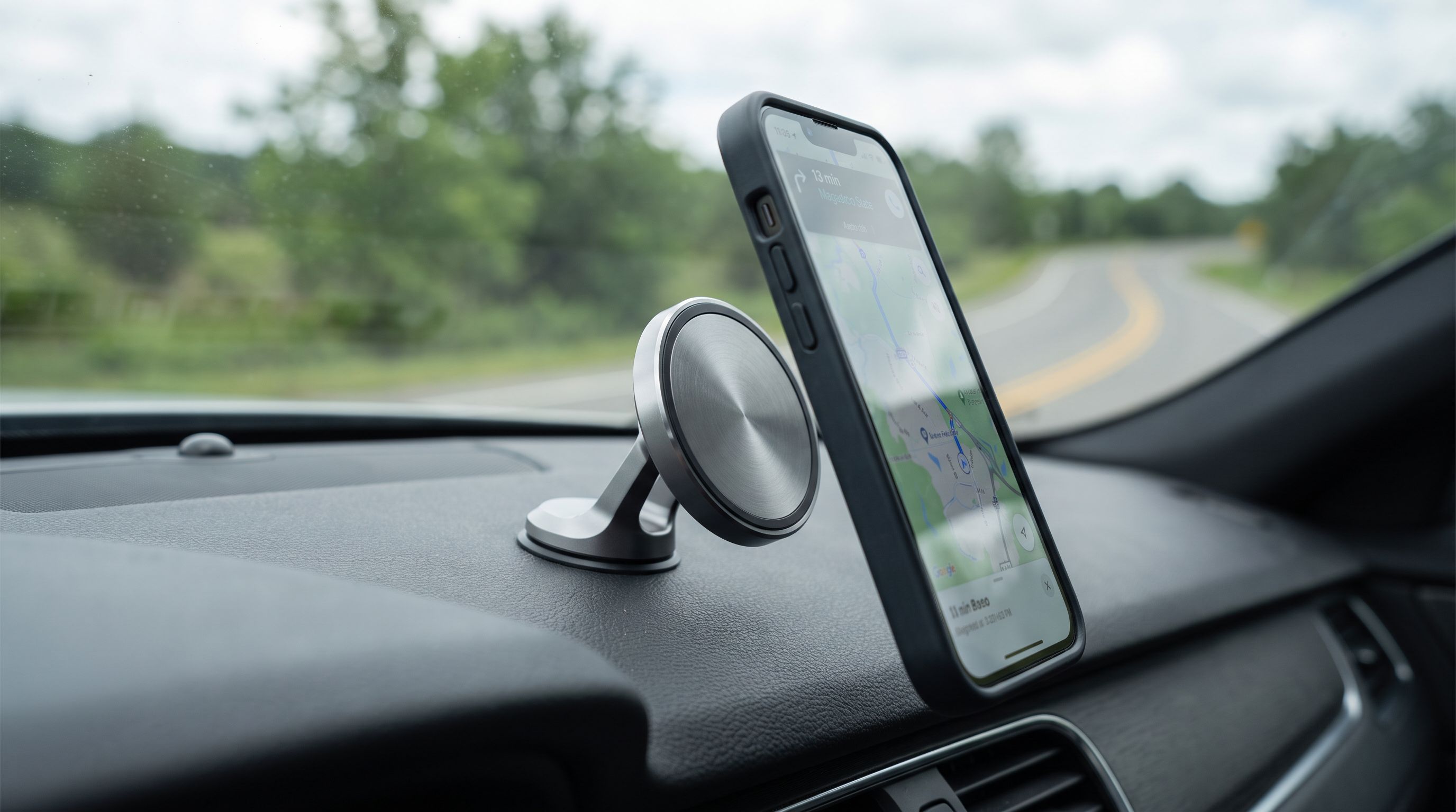 A smartphone held by a magnetic wireless charging mount on a car dashboard, with the road visible through the windshield