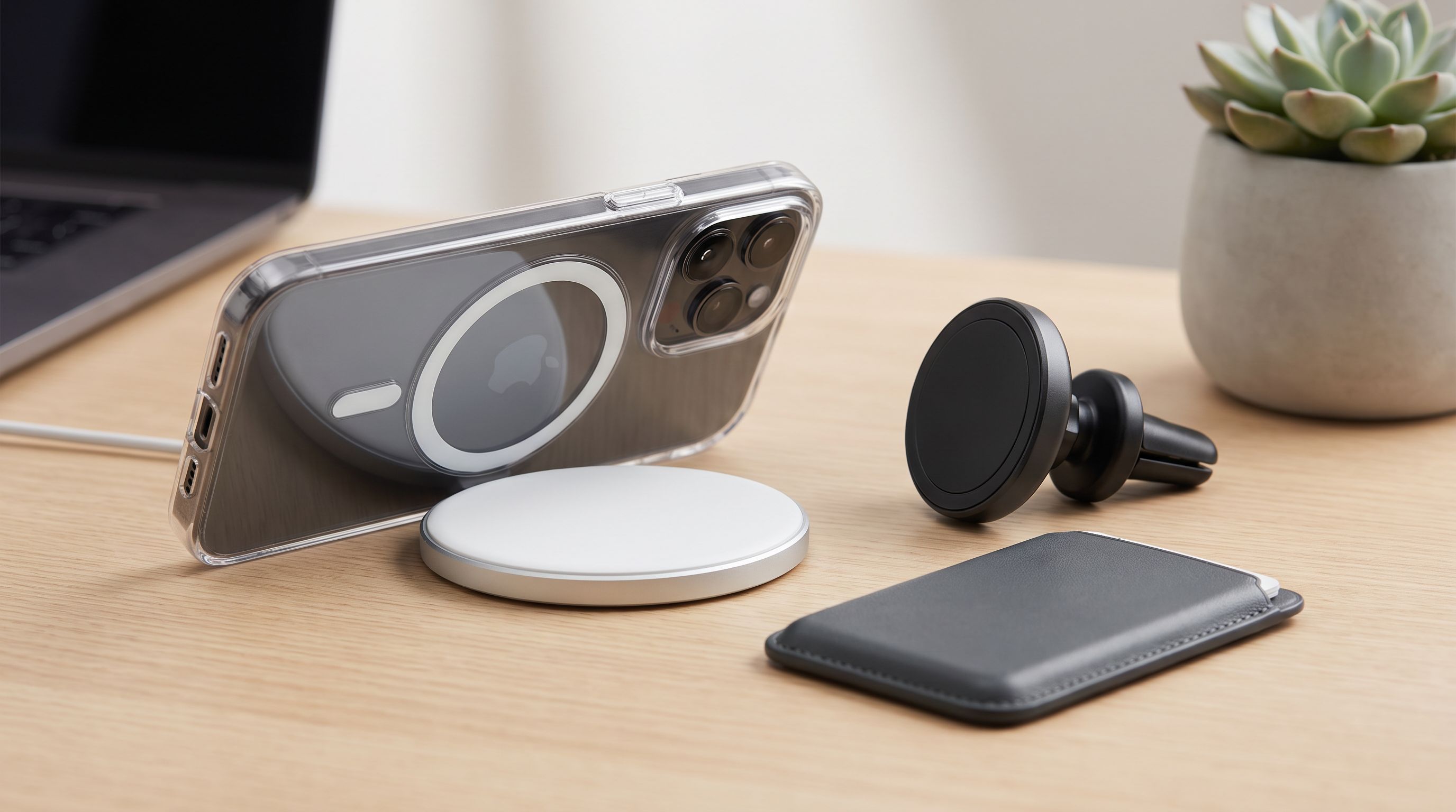 A smartphone in a clear magnetic case snapped onto a round Qi2 charging puck, with a car vent mount and magnetic wallet nearby on a desk