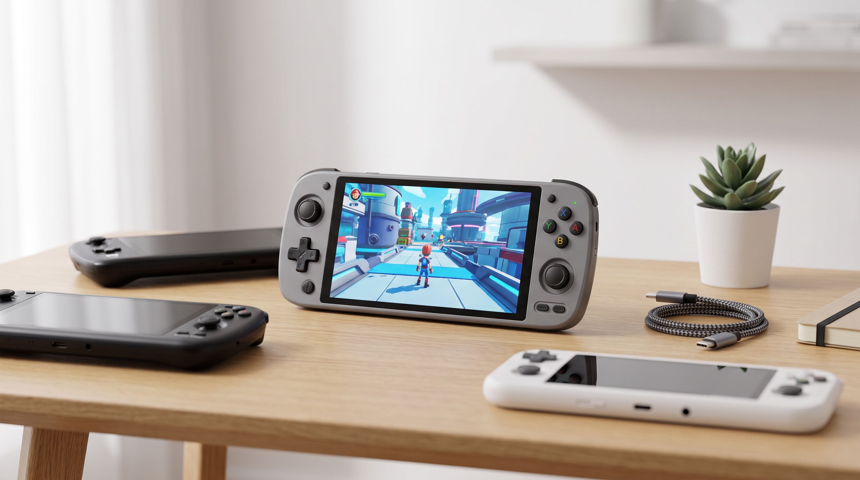 Several premium Android retro gaming handhelds arranged on a desk, one running a 3D console game on a bright 16:9 display