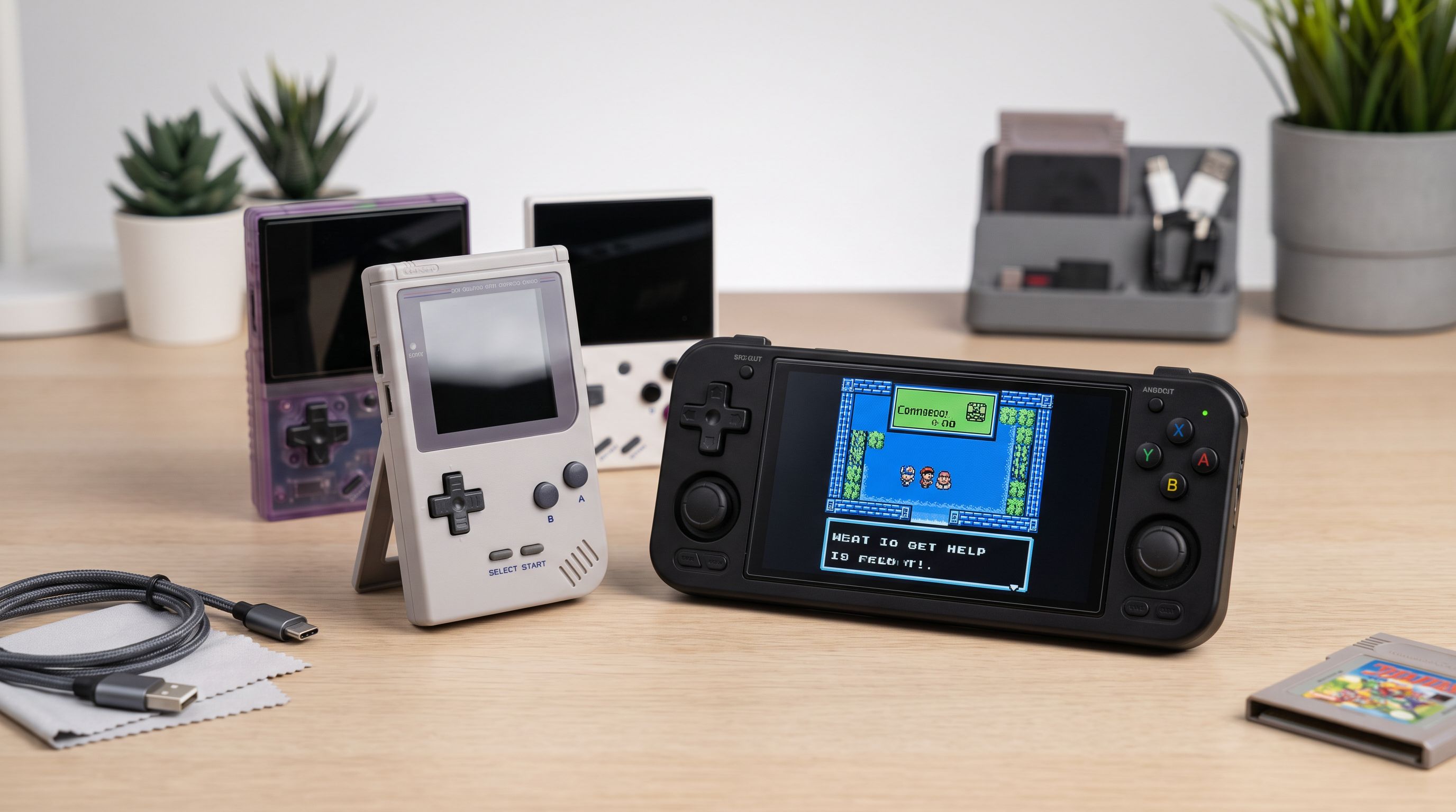Several budget retro emulation handhelds arranged on a desk, including a small vertical Game Boy-style device and a wider horizontal Android handheld with analog sticks