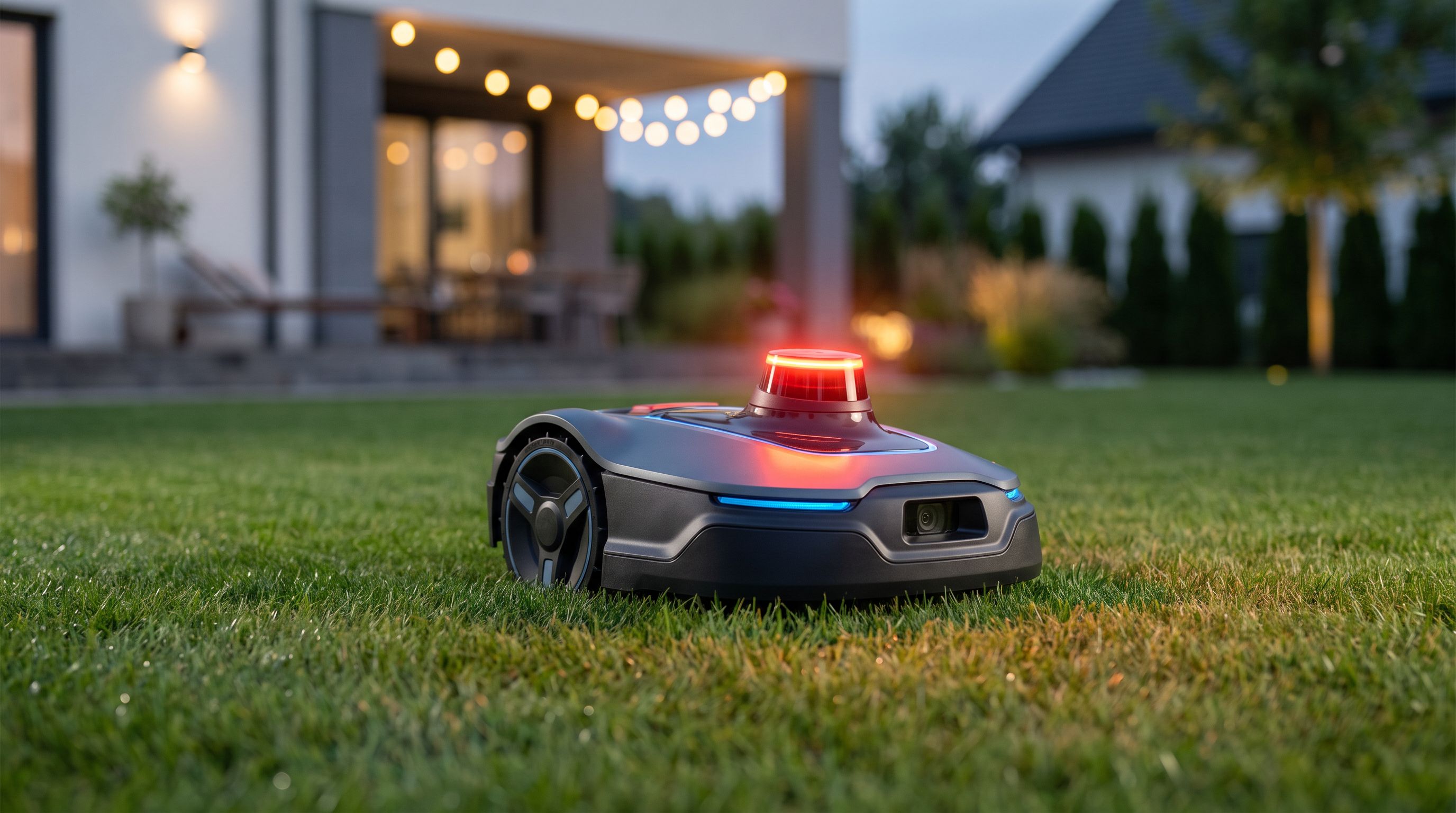 A compact robotic lawn mower with a LiDAR sensor turret navigating a green suburban backyard lawn at dusk