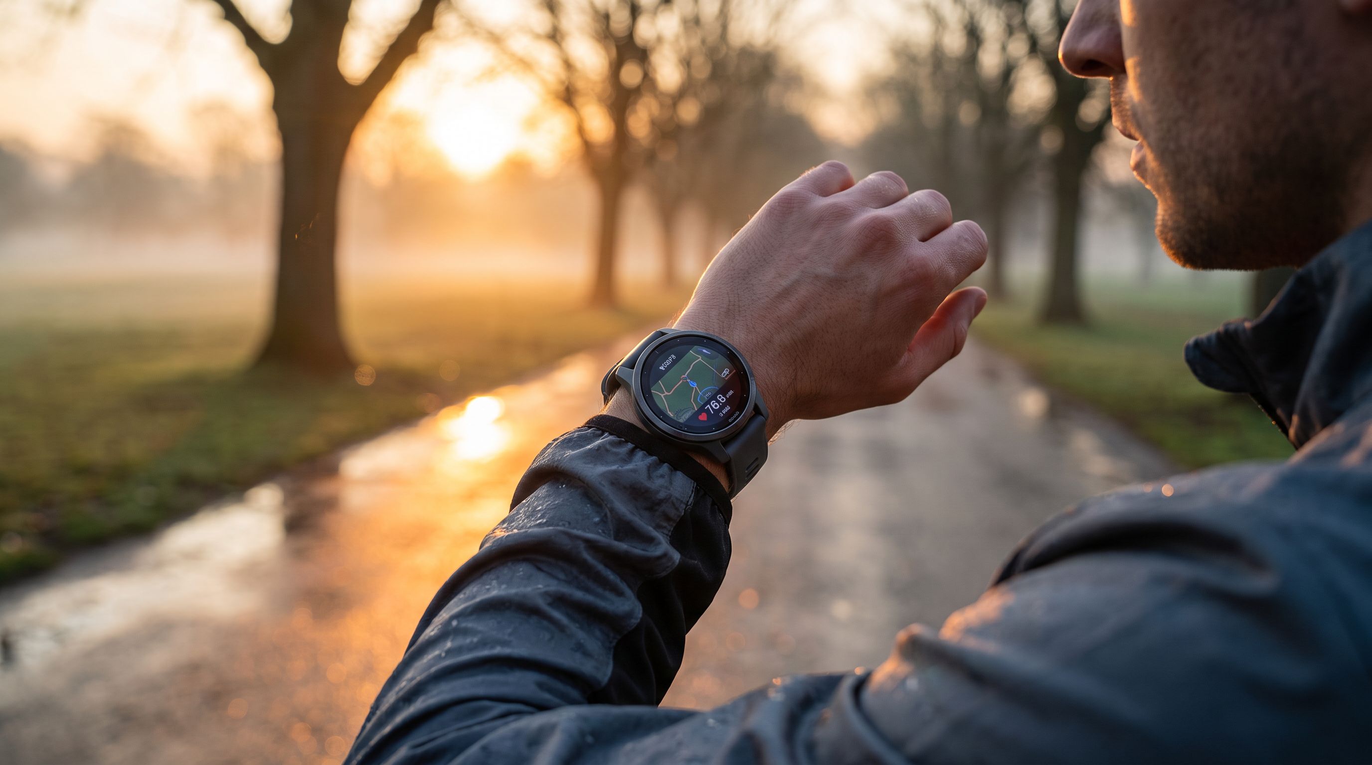 A runner checking a GPS smartwatch mid-run on a wet asphalt path at sunrise