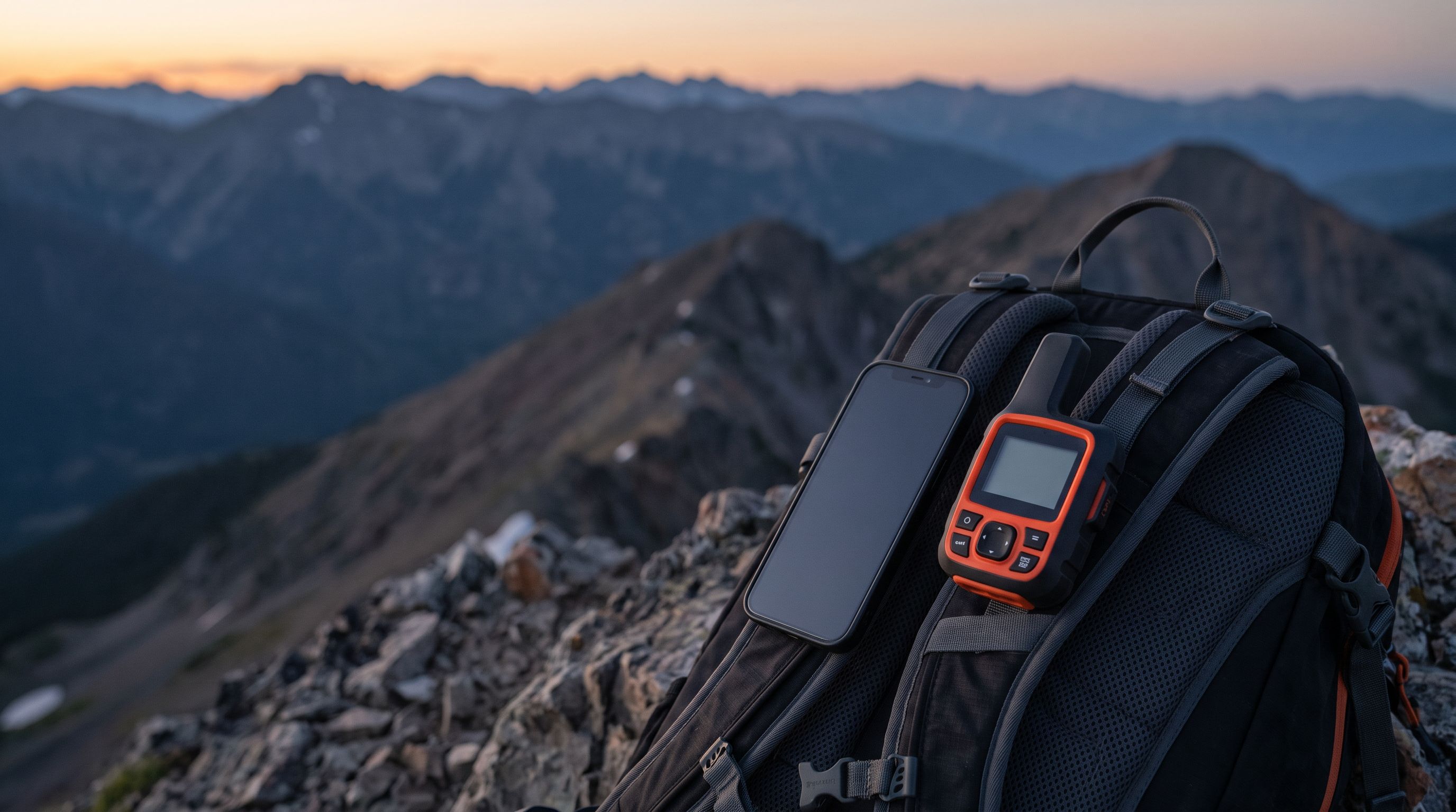 A smartphone and a handheld satellite messenger clipped to a backpack strap on a ridgeline above treeline at dusk