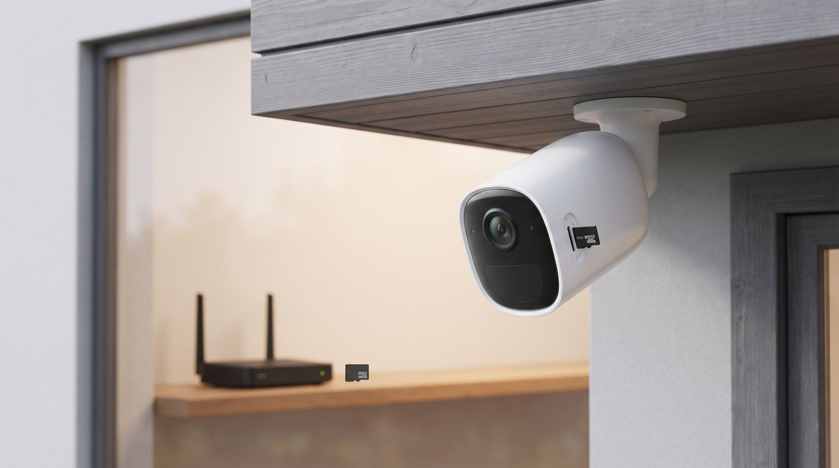 Outdoor wireless security camera mounted under a house eave, with a microSD card and home network router visible in the background