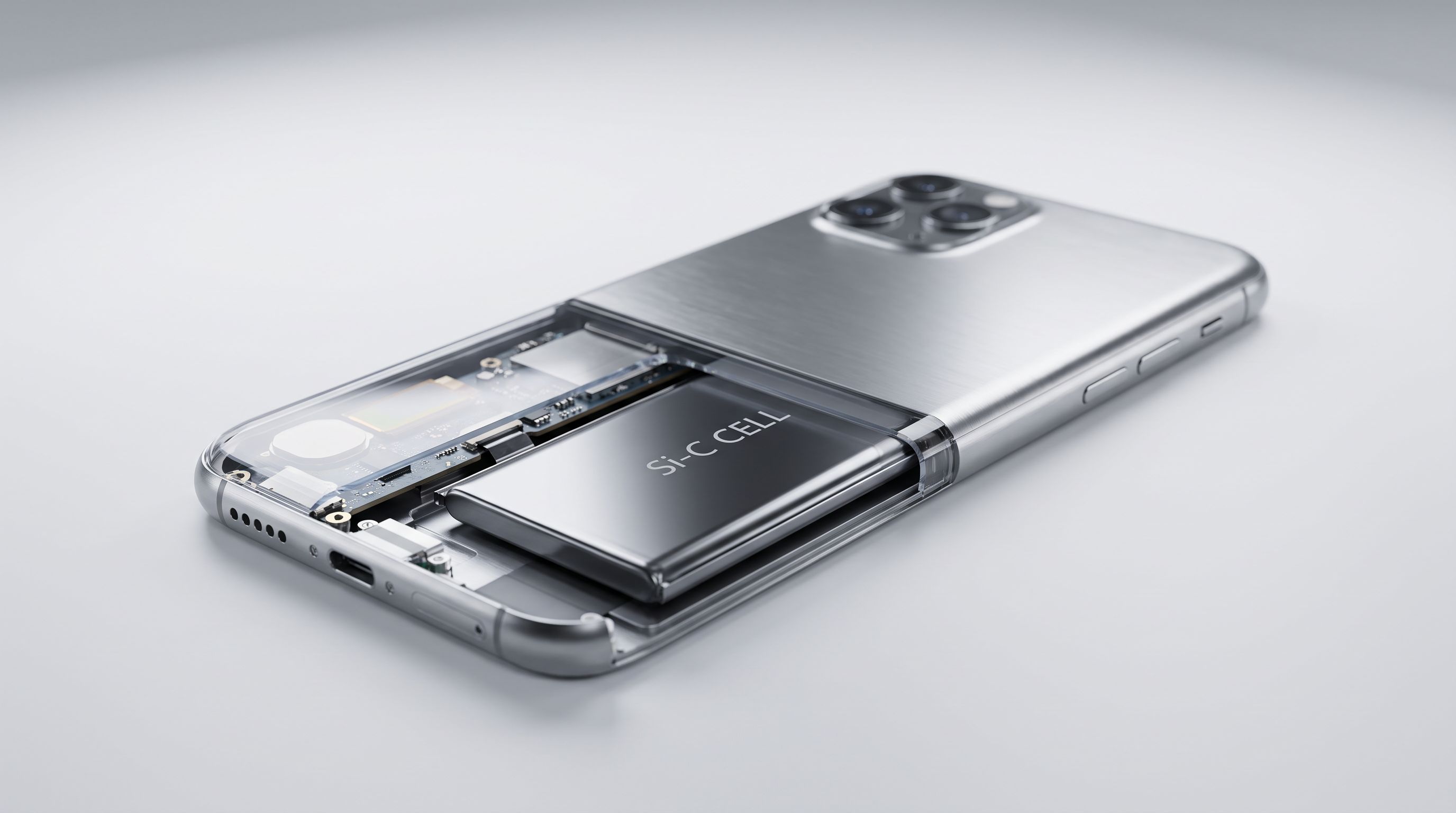 Cutaway illustration of a smartphone showing a slim silicon-carbon battery cell inside a thin aluminium chassis