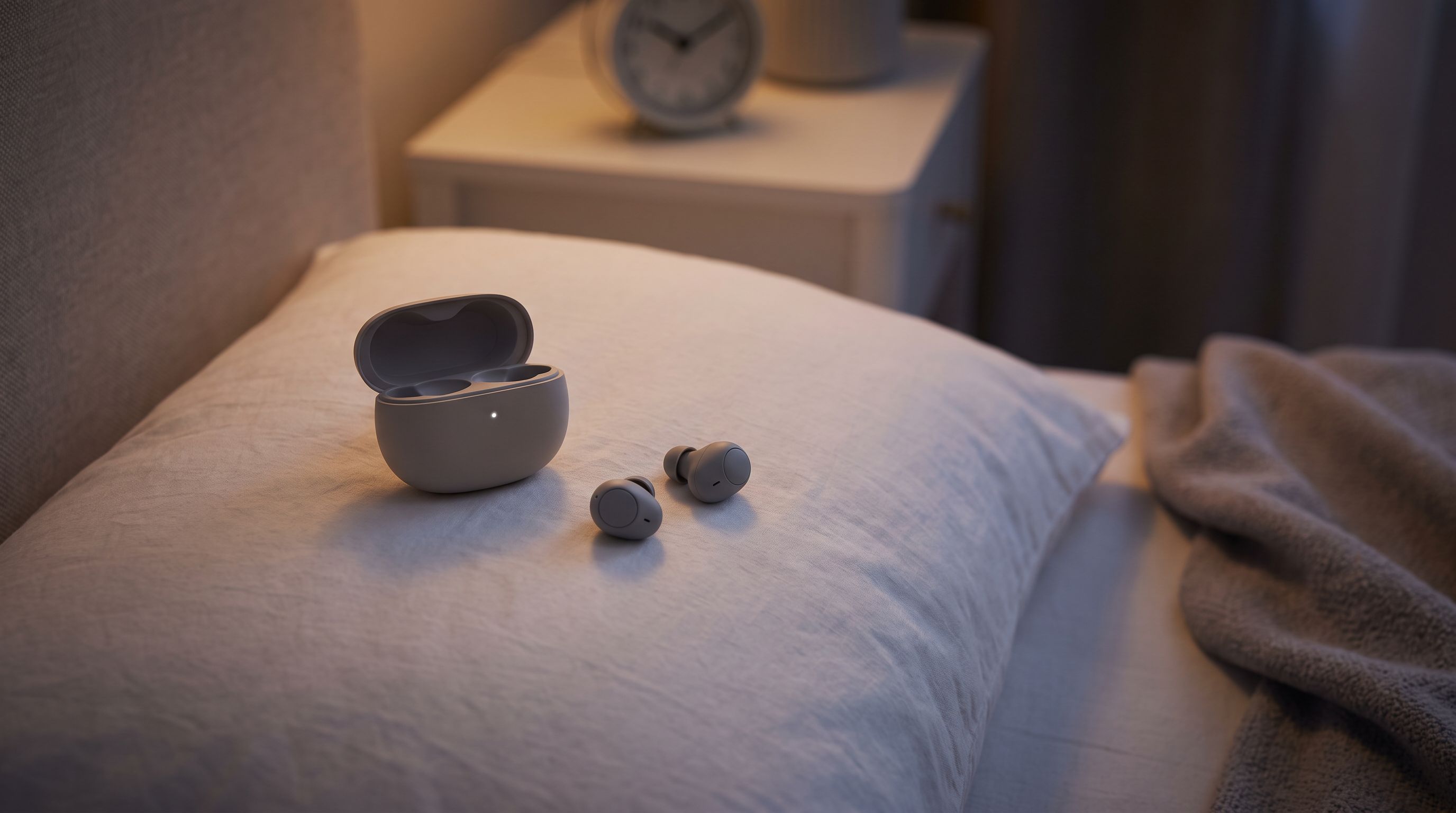 A pair of tiny, flush-fitting sleep earbuds resting on a white pillow beside their charging case in dim bedroom light