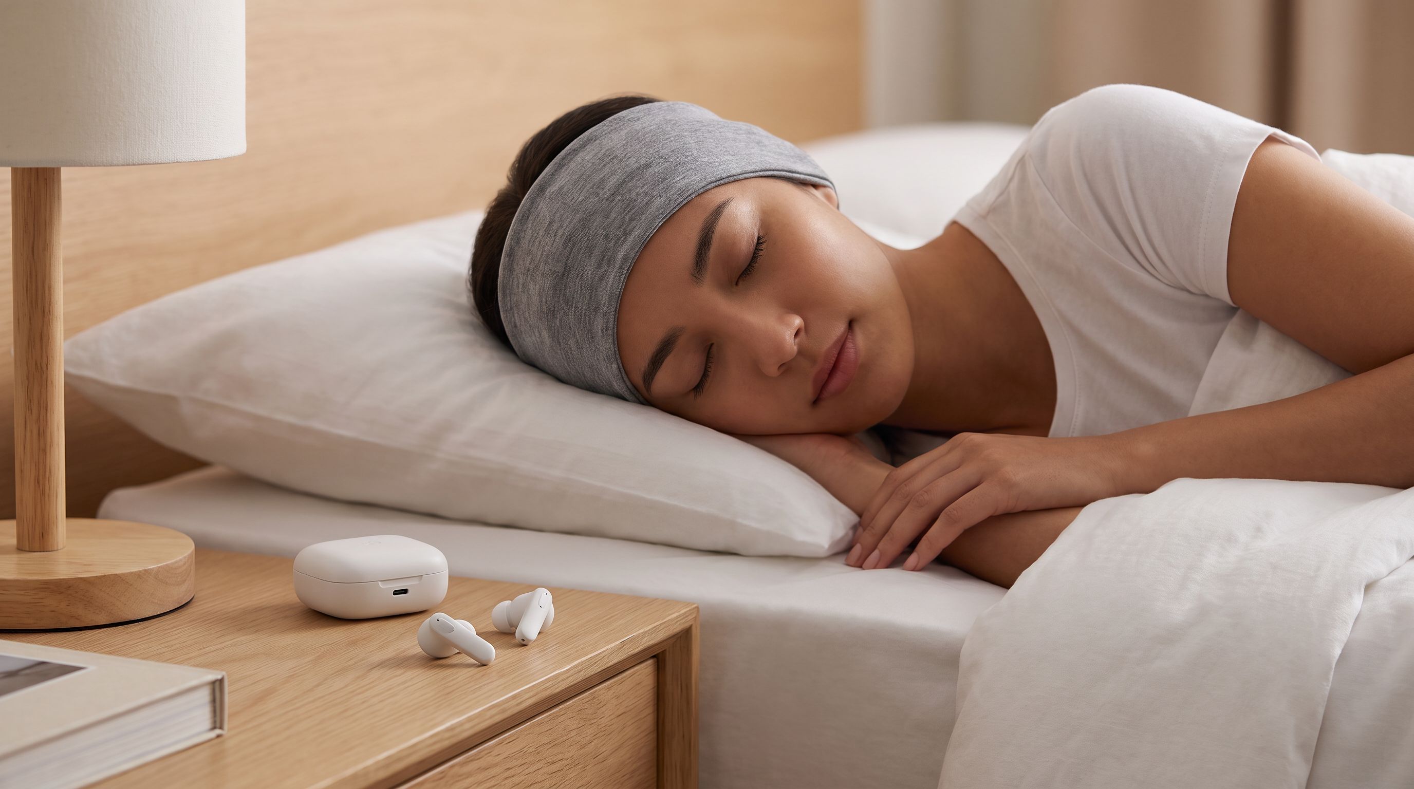 A person sleeping on their side wearing a soft fabric Bluetooth sleep headband, with small in-ear sleep earbuds and a charging case on the nightstand