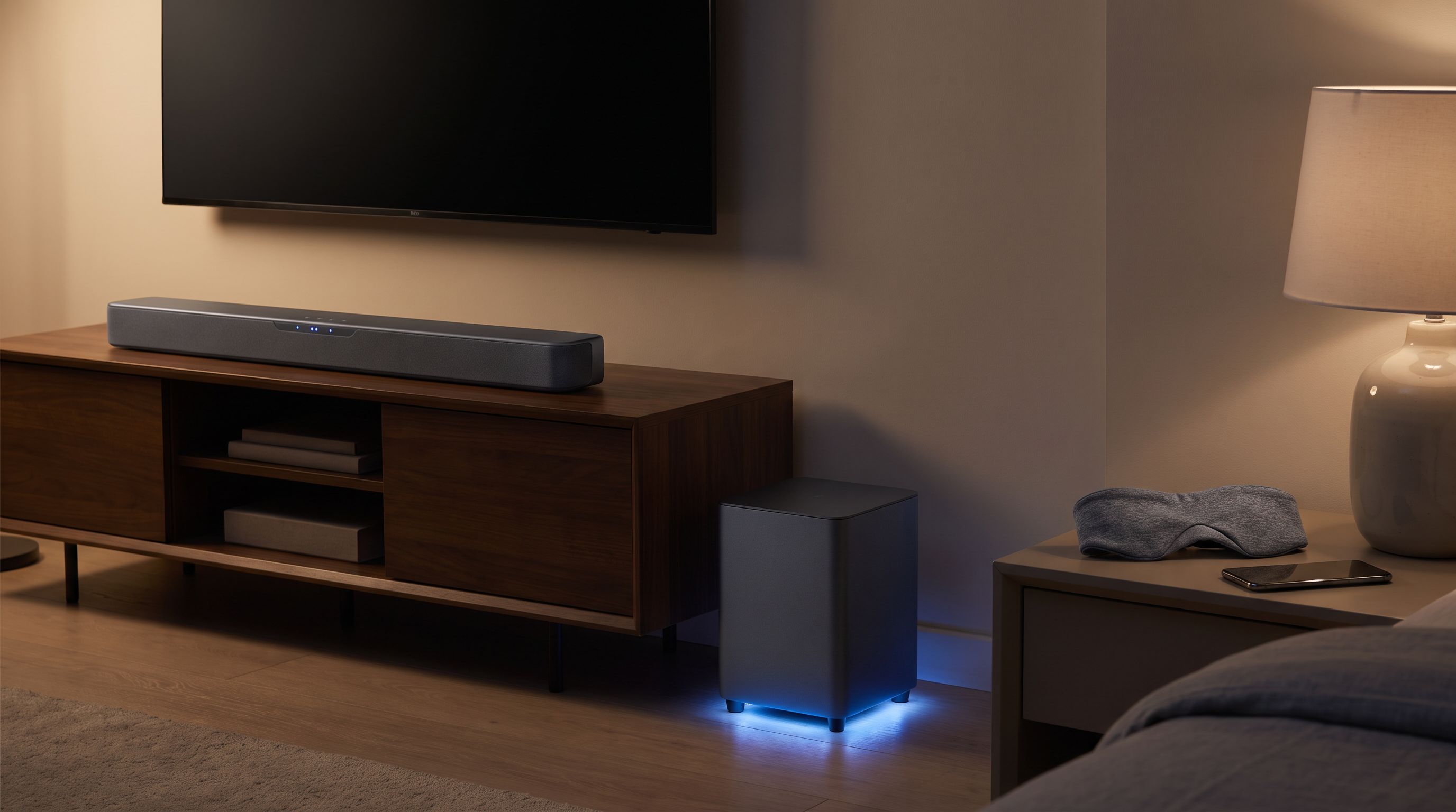 A dark bedroom at night with a soundbar and wireless subwoofer glowing faintly beneath a wall-mounted TV, next to a fabric sleep headband on a nightstand