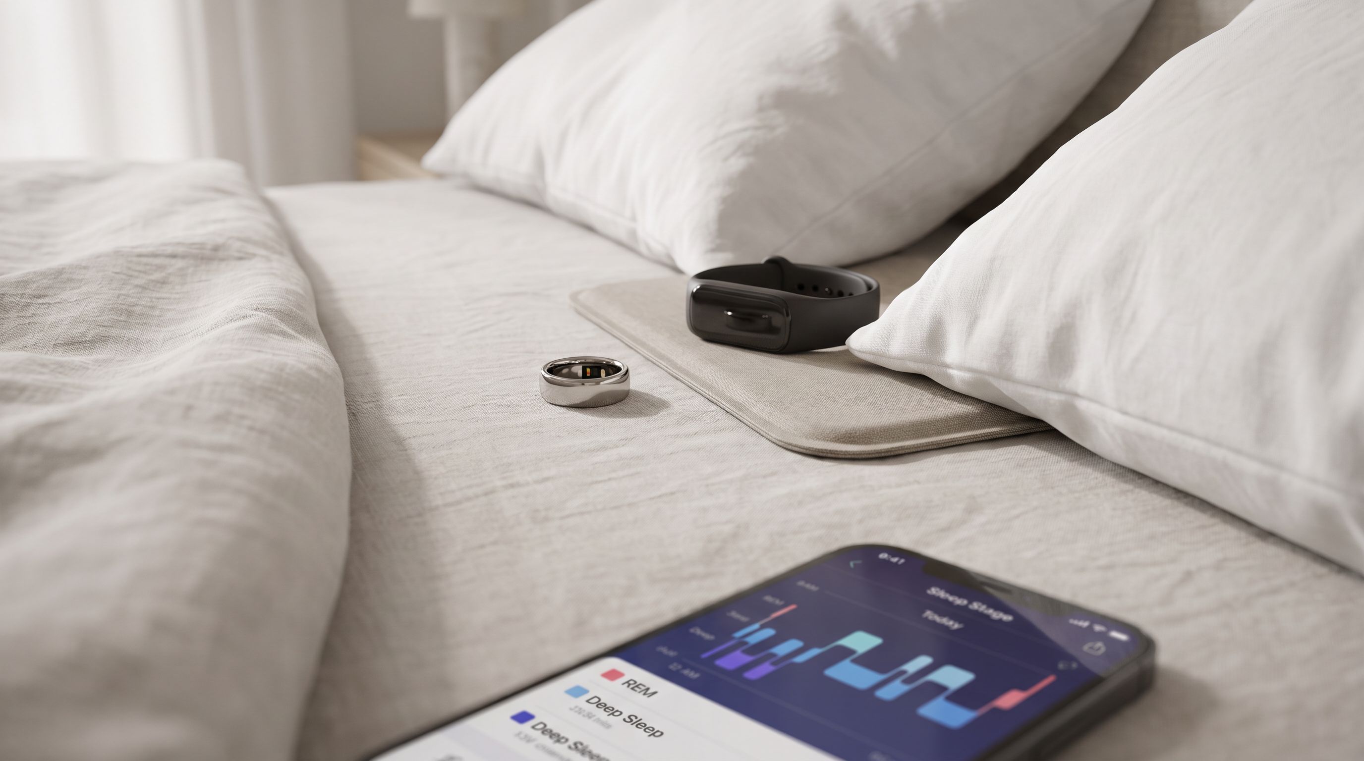 A smart ring, a fitness band and an under-mattress sleep sensor mat arranged on a bed beside a phone showing sleep stage data