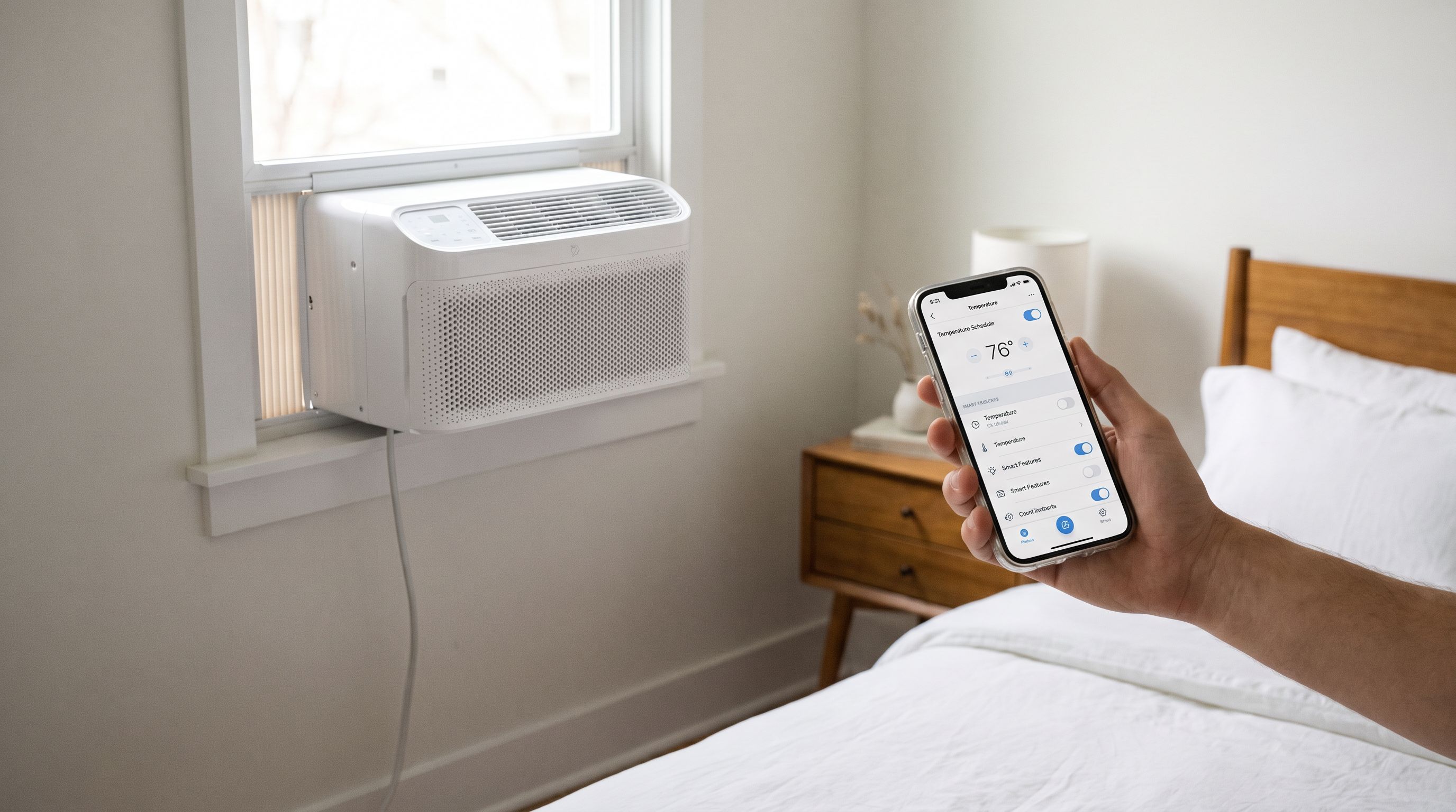 A U-shaped Wi-Fi window air conditioner installed in a bedroom window with a smartphone app showing temperature scheduling