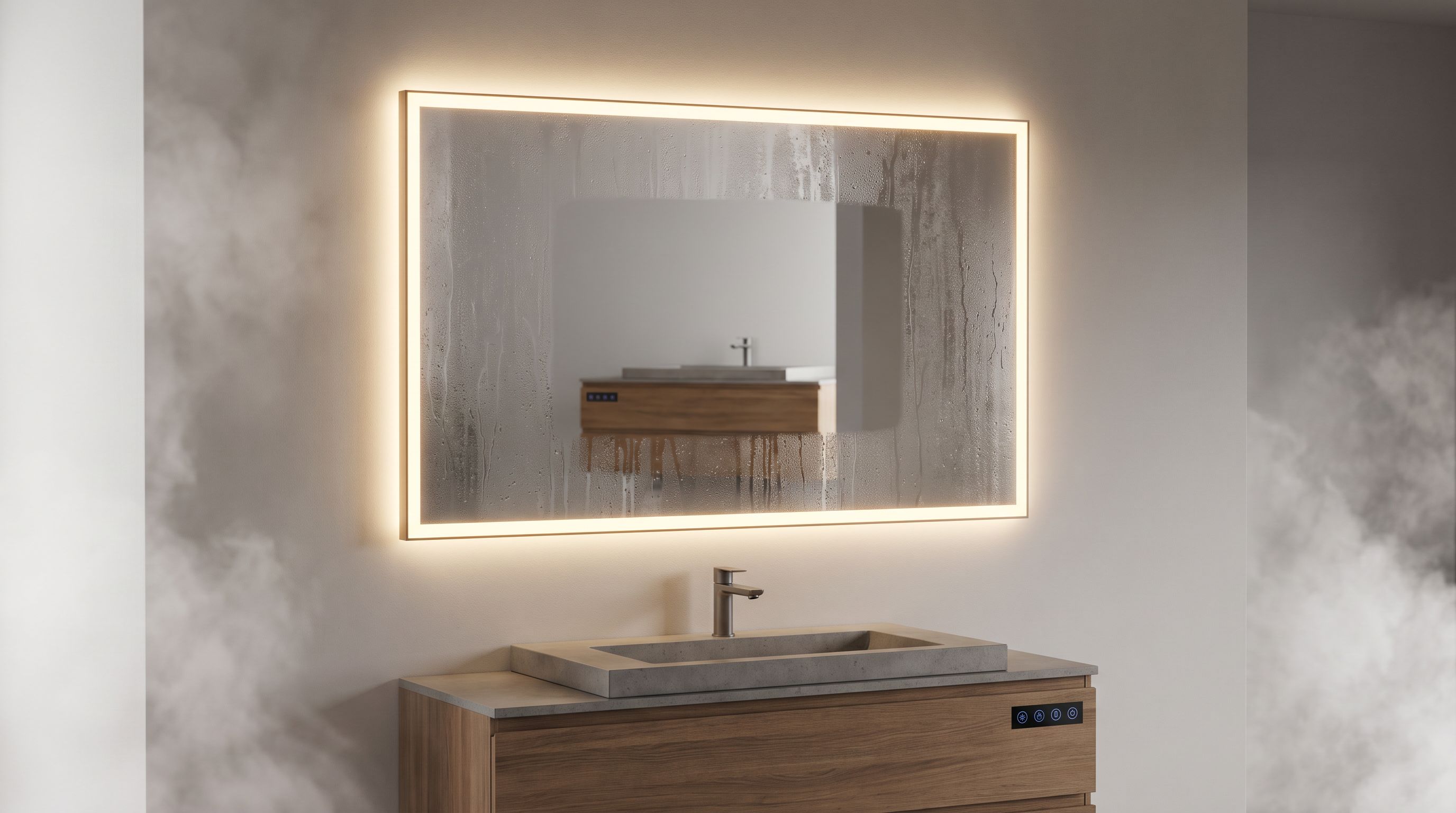 A backlit rectangular smart bathroom mirror with glowing LED edge lighting above a modern vanity, showing a clear anti-fog patch in a steamy bathroom