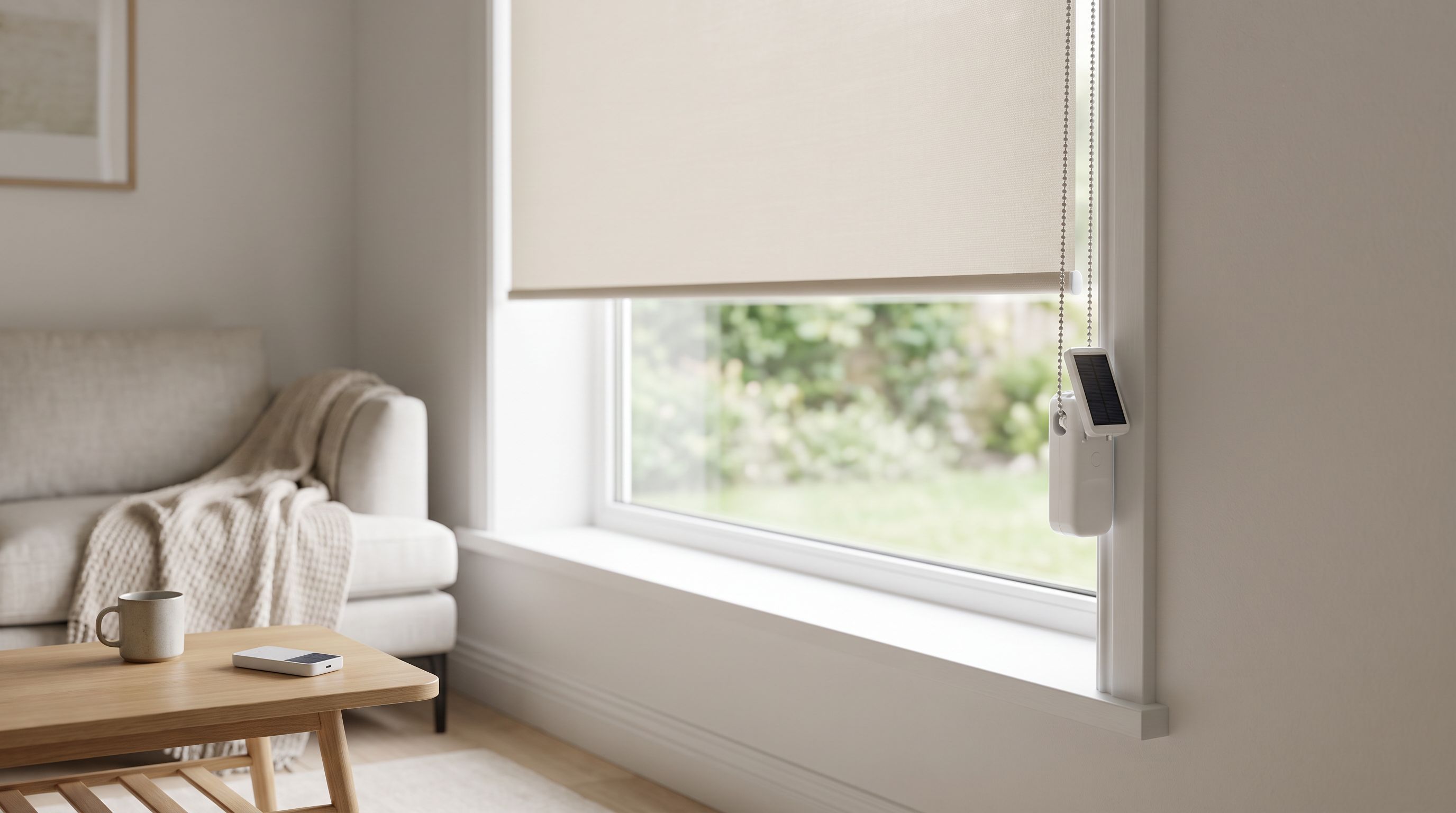 A sunlit living room window with a motorized roller shade half-lowered and a small battery-powered retrofit motor clipped to the blind's chain