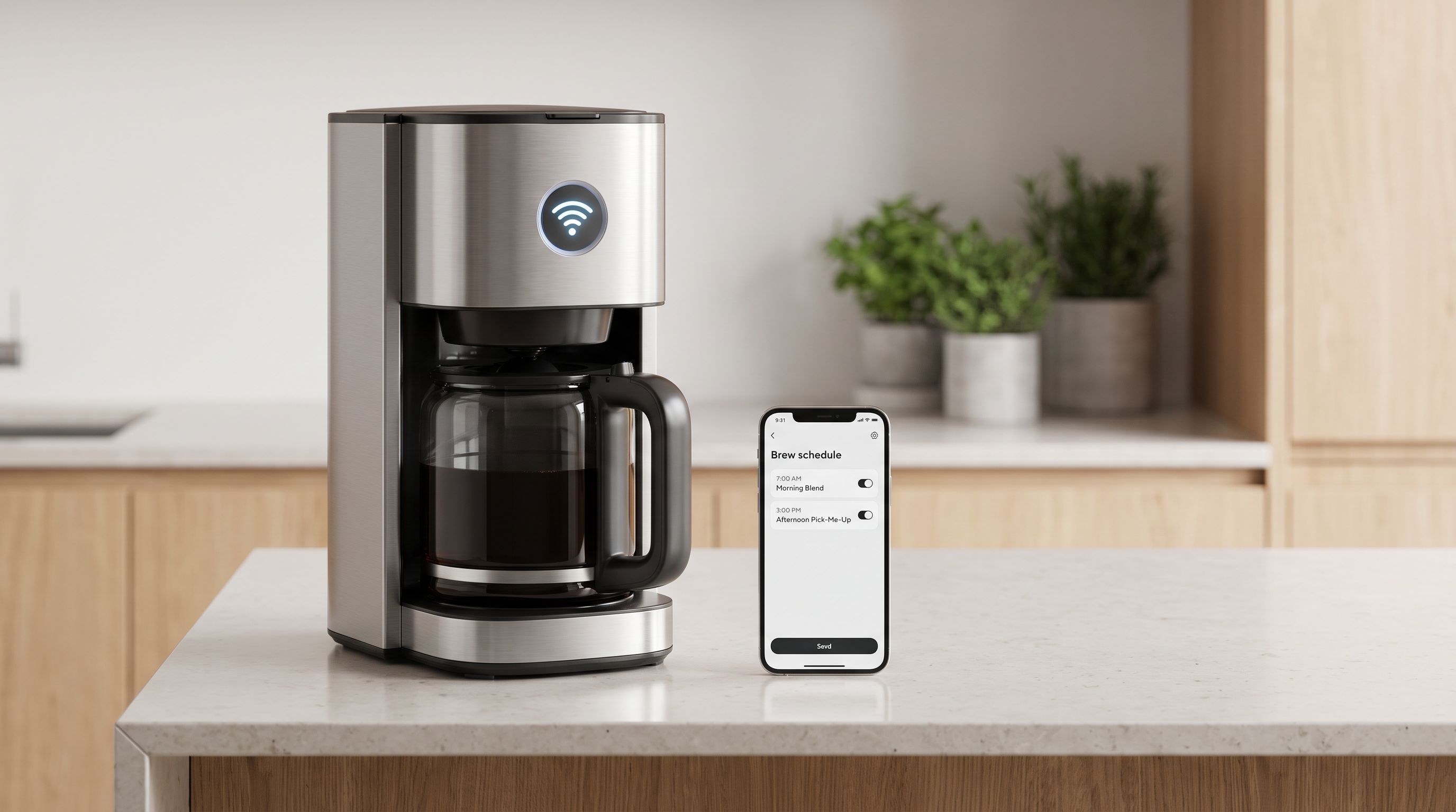 A Wi-Fi-connected drip coffee maker on a kitchen counter with a smartphone app showing a brew schedule beside it