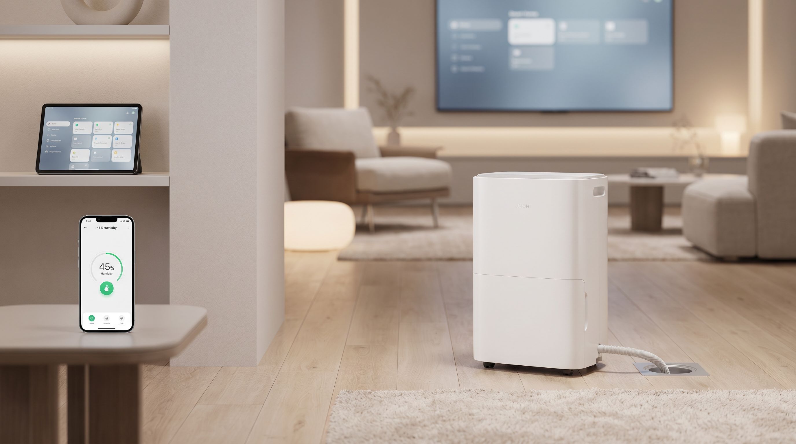 A white smart Wi-Fi dehumidifier running in a finished basement with a drain hose and a smartphone app showing humidity levels
