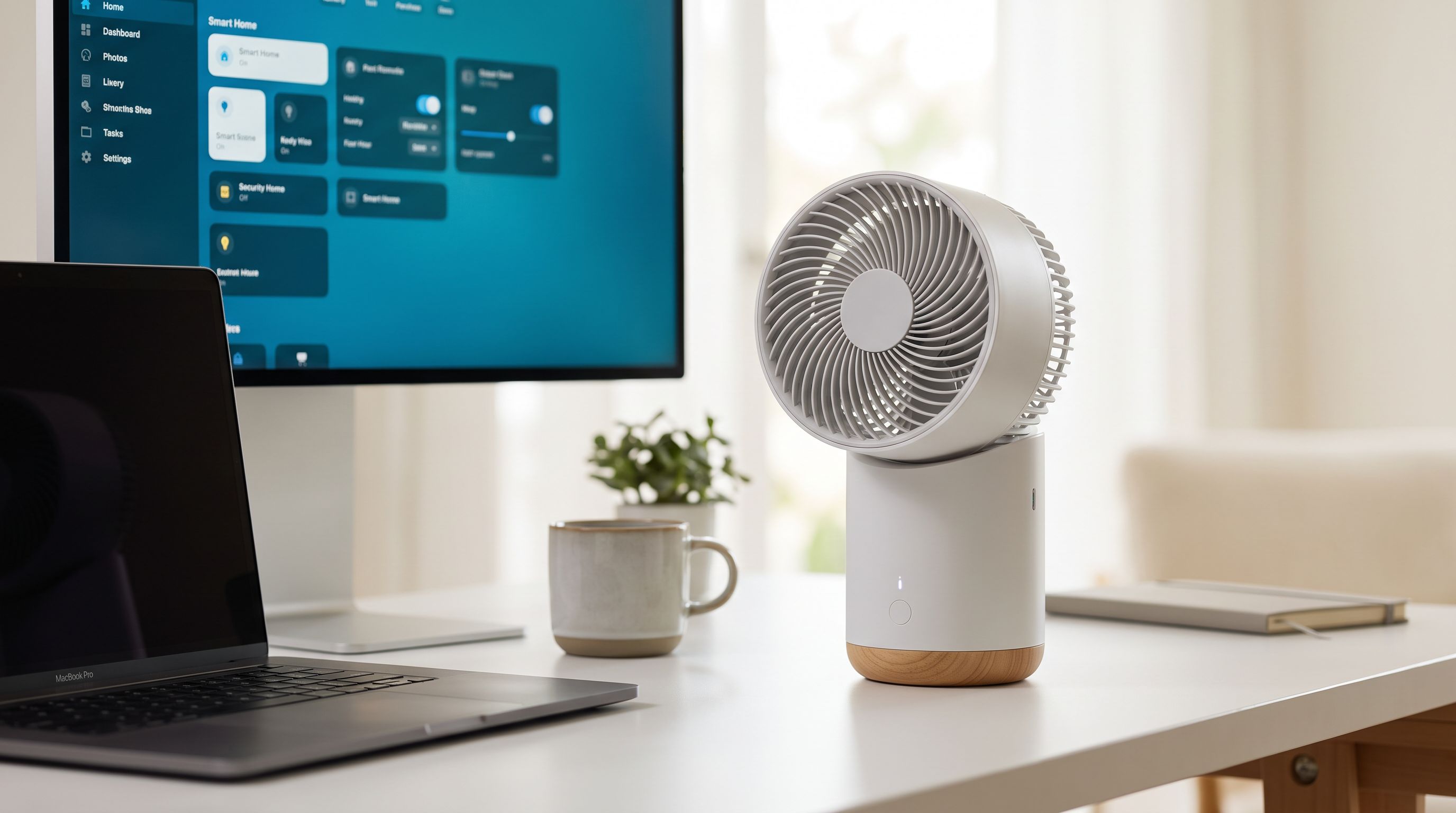 A compact smart desk fan with an oscillating head sitting beside a laptop and monitor on a tidy home-office desk