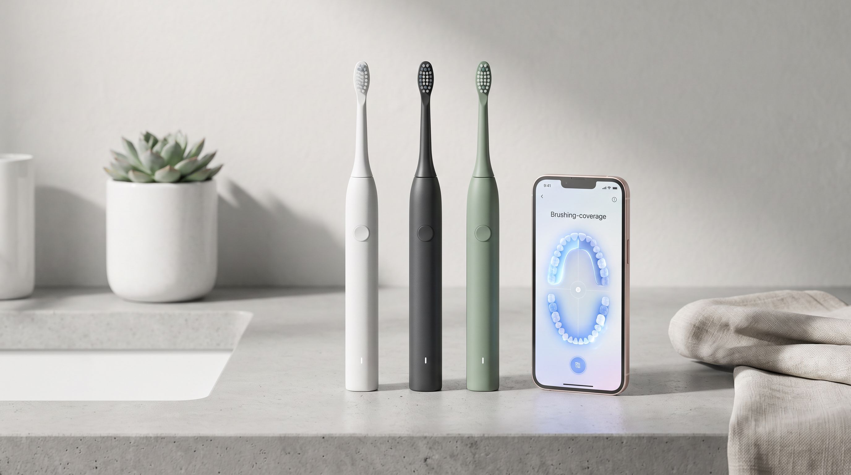 Several smart electric toothbrushes standing on a bathroom counter beside a smartphone showing a brushing-coverage coaching app