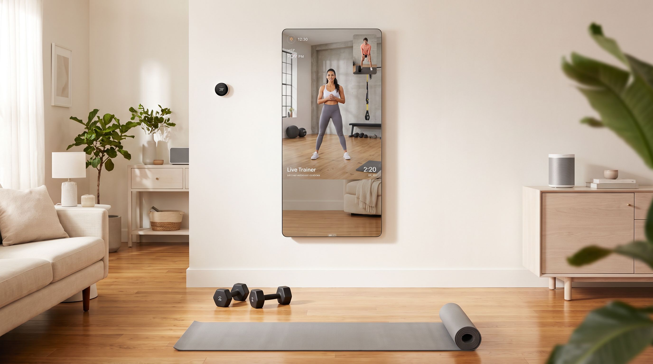 A wall-mounted smart fitness mirror displaying a live trainer in a bright home living room with dumbbells and a yoga mat on the floor