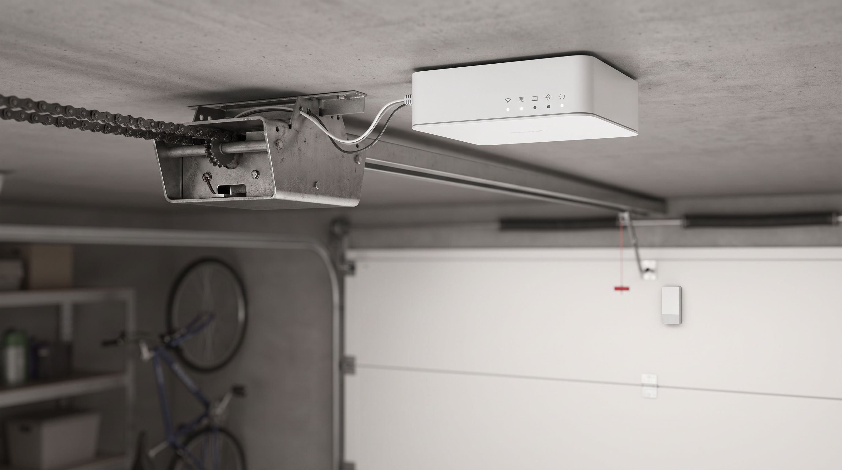 A retrofit smart garage door controller mounted on a garage ceiling next to a chain-drive opener, with a tilt sensor attached to the door panel