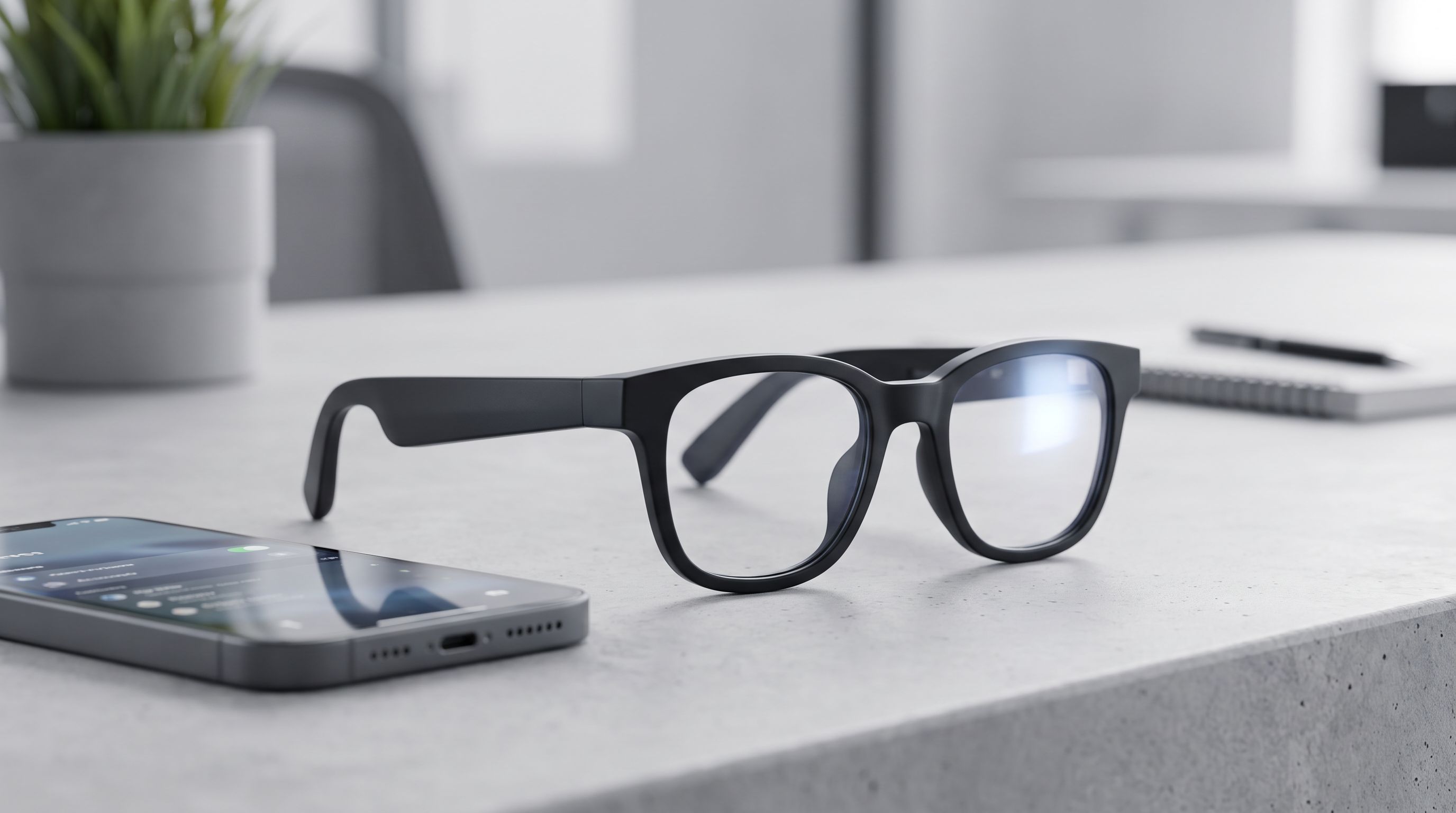 A pair of black-framed smart glasses resting on a desk beside a phone, with a faint display glow visible in the right lens