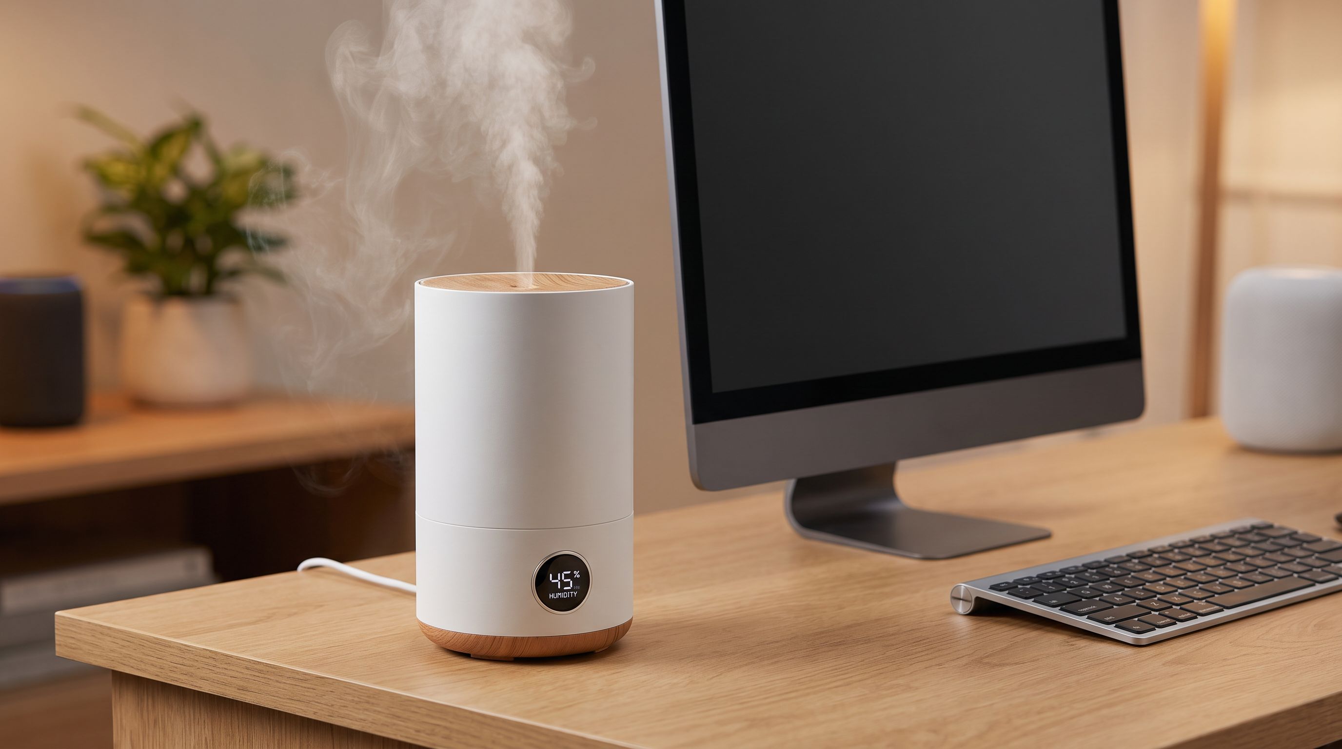 A compact smart humidifier releasing a thin plume of cool mist next to a monitor and keyboard on a wooden desk, with a small display showing the room humidity percentage
