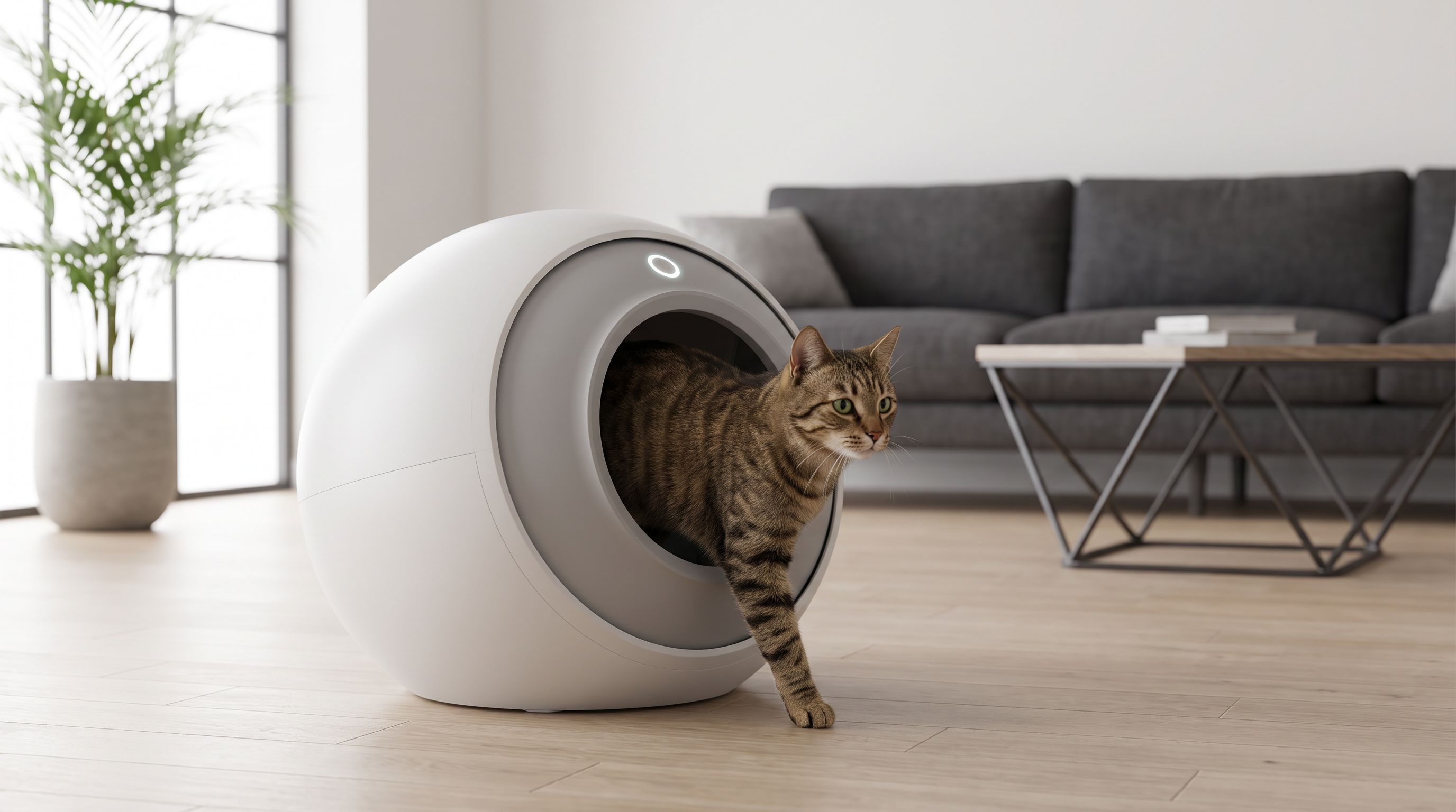 A globe-style self-cleaning smart litter box in a modern living room with a tabby cat stepping inside