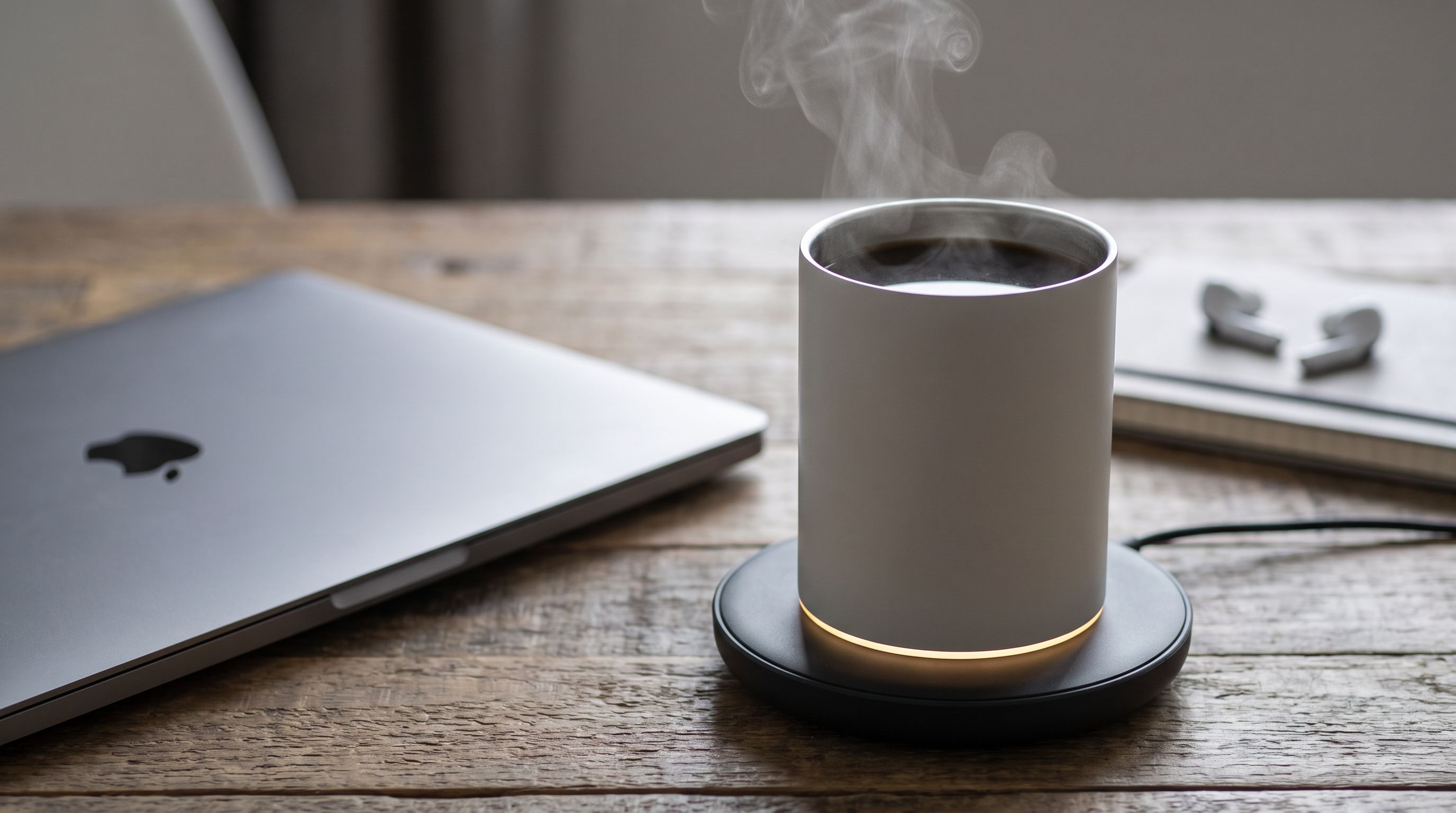A temperature-controlled smart mug sitting on its charging coaster next to a laptop on a wooden desk, steam rising from black coffee