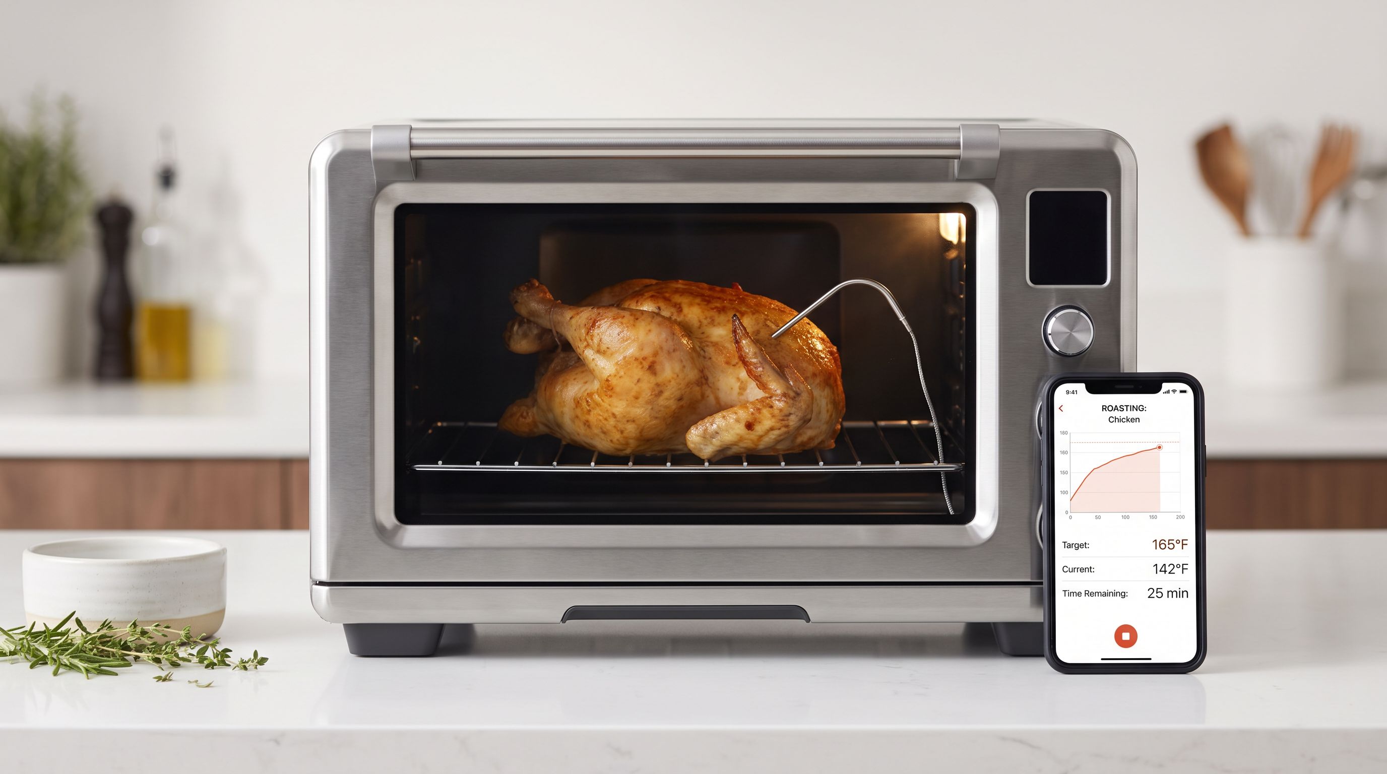 A stainless steel countertop smart oven on a kitchen worktop with a chicken roasting inside, a temperature probe inserted, and a smartphone app showing cook progress