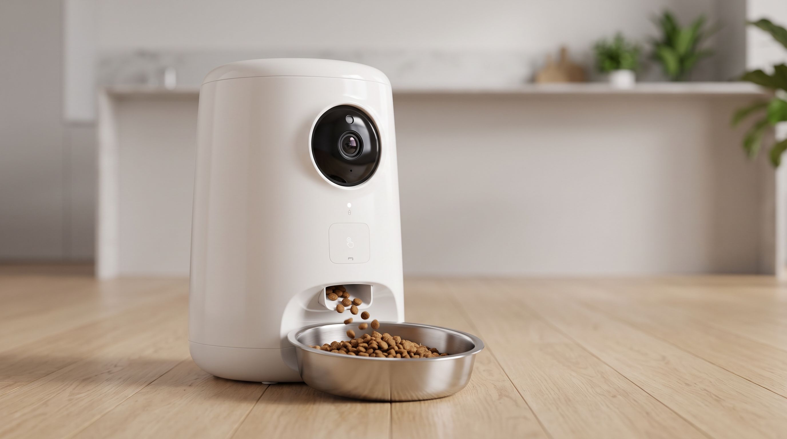 A white app-controlled automatic cat feeder with a built-in camera dispensing dry kibble into a stainless steel bowl on a kitchen floor