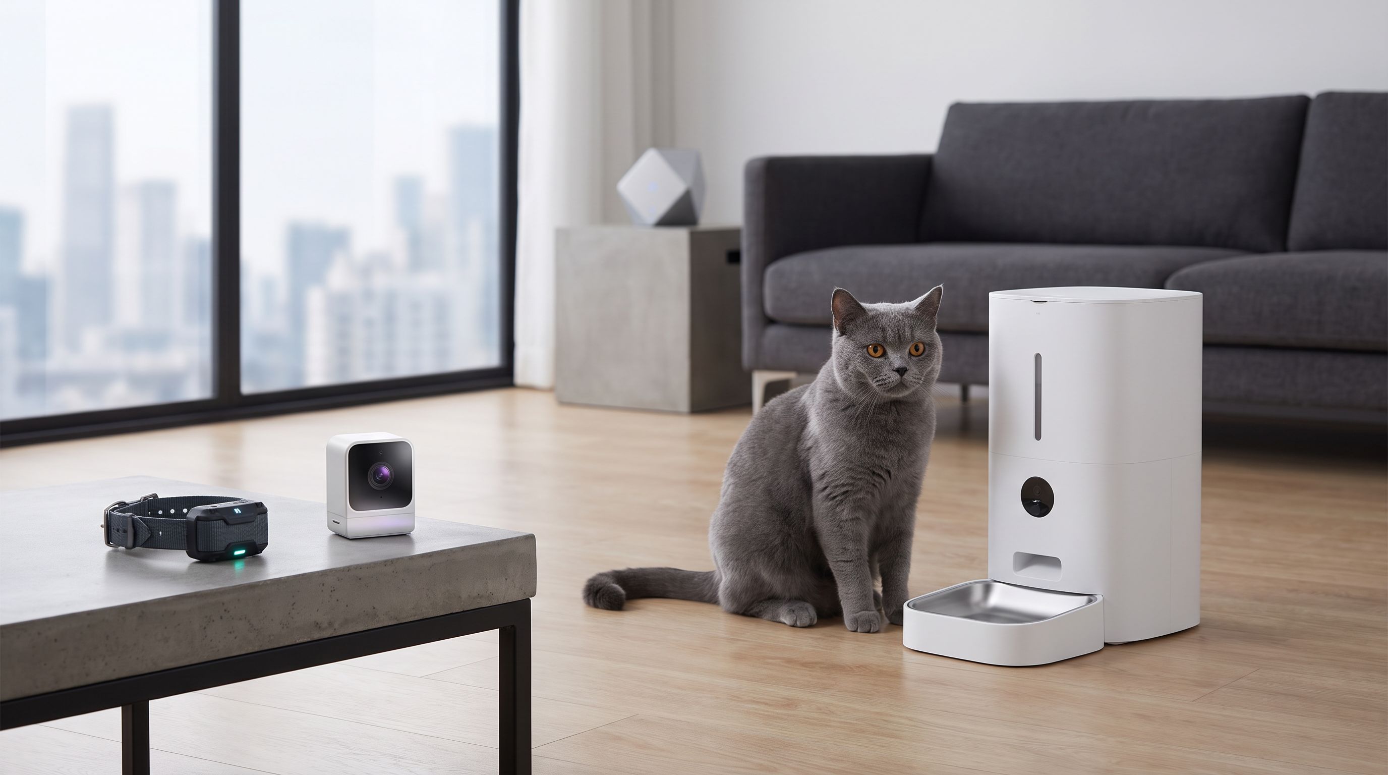 A cat sitting beside an automatic smart feeder while a pet camera and GPS collar rest on a nearby table in a modern living room