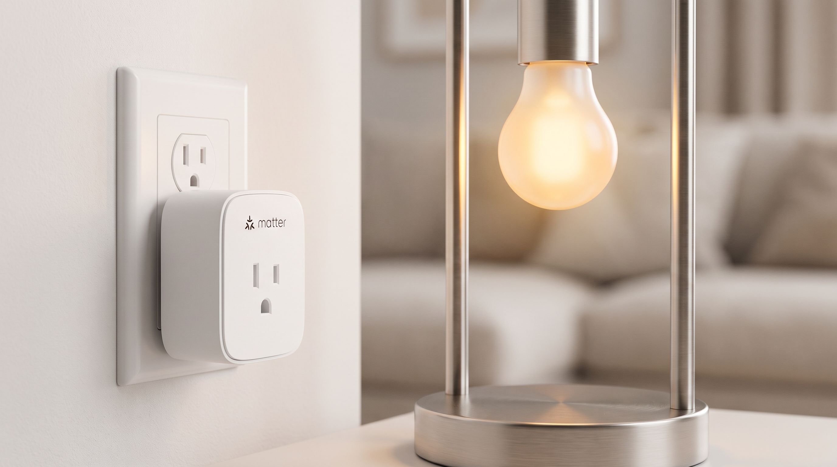 A compact white Matter smart plug plugged into a wall outlet next to a lamp with a color smart bulb glowing warm amber