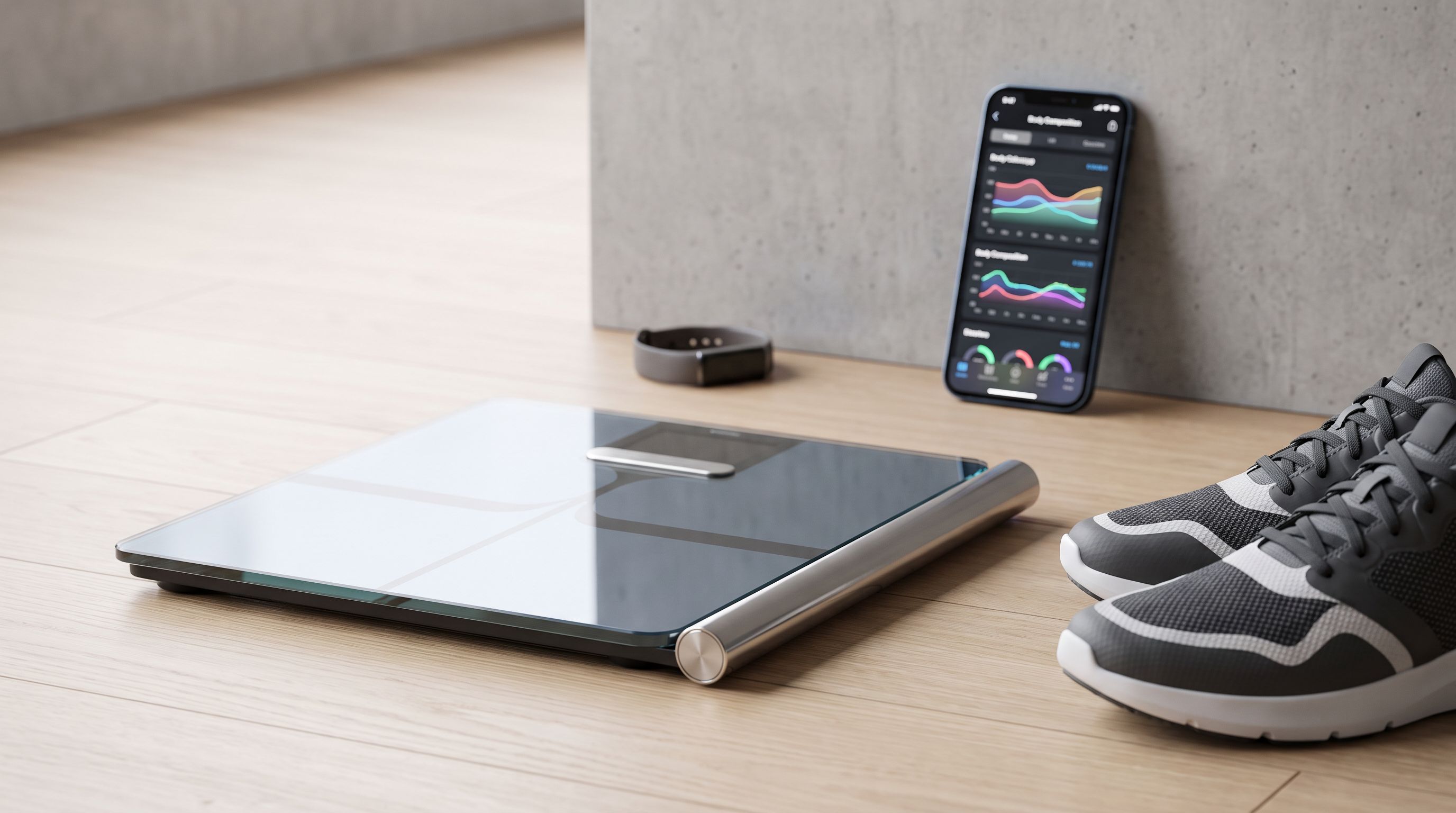 A glass smart bathroom scale with a handheld grip bar beside athletic shoes and a phone showing body composition charts