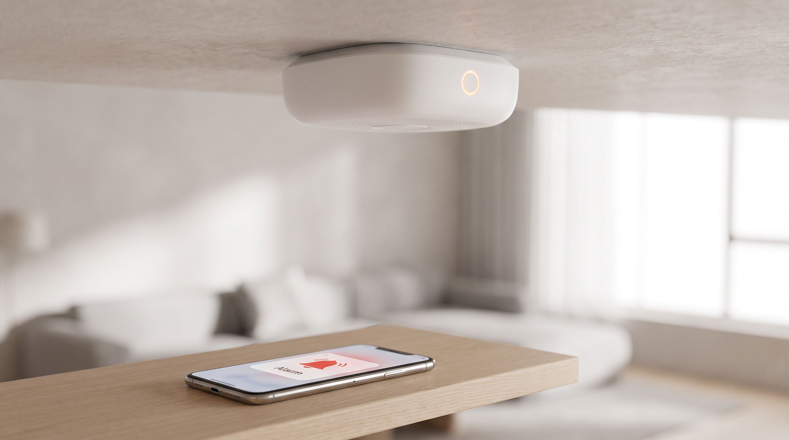 A white ceiling-mounted smart smoke and carbon monoxide alarm with a status light, next to a smartphone showing an alarm notification