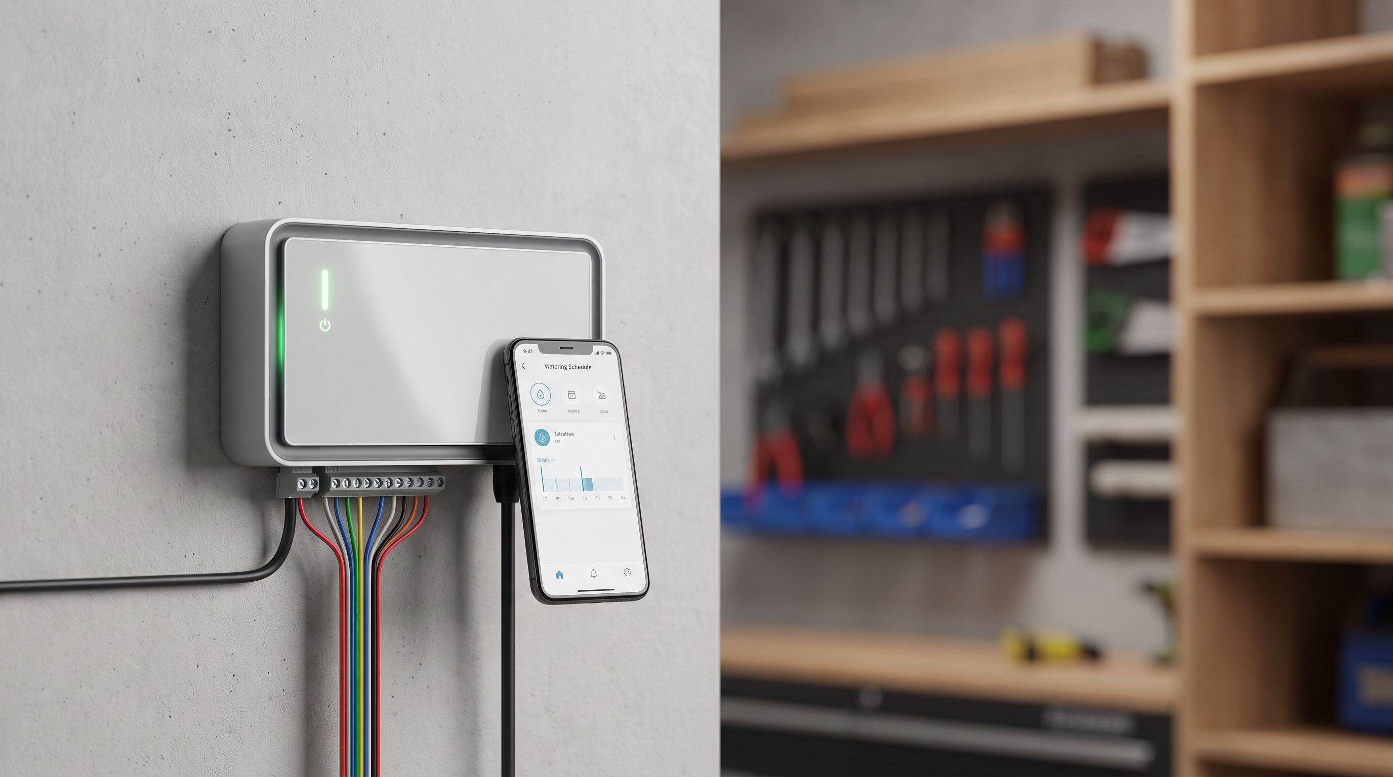 Wall-mounted smart sprinkler controller wired to irrigation zone terminals in a garage, with a smartphone app showing a watering schedule