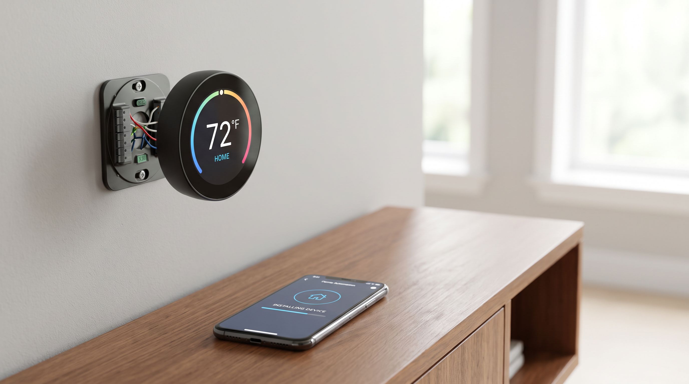 A wall-mounted smart thermostat with a circular color display showing indoor temperature, next to a wired backplate and a smartphone app during installation